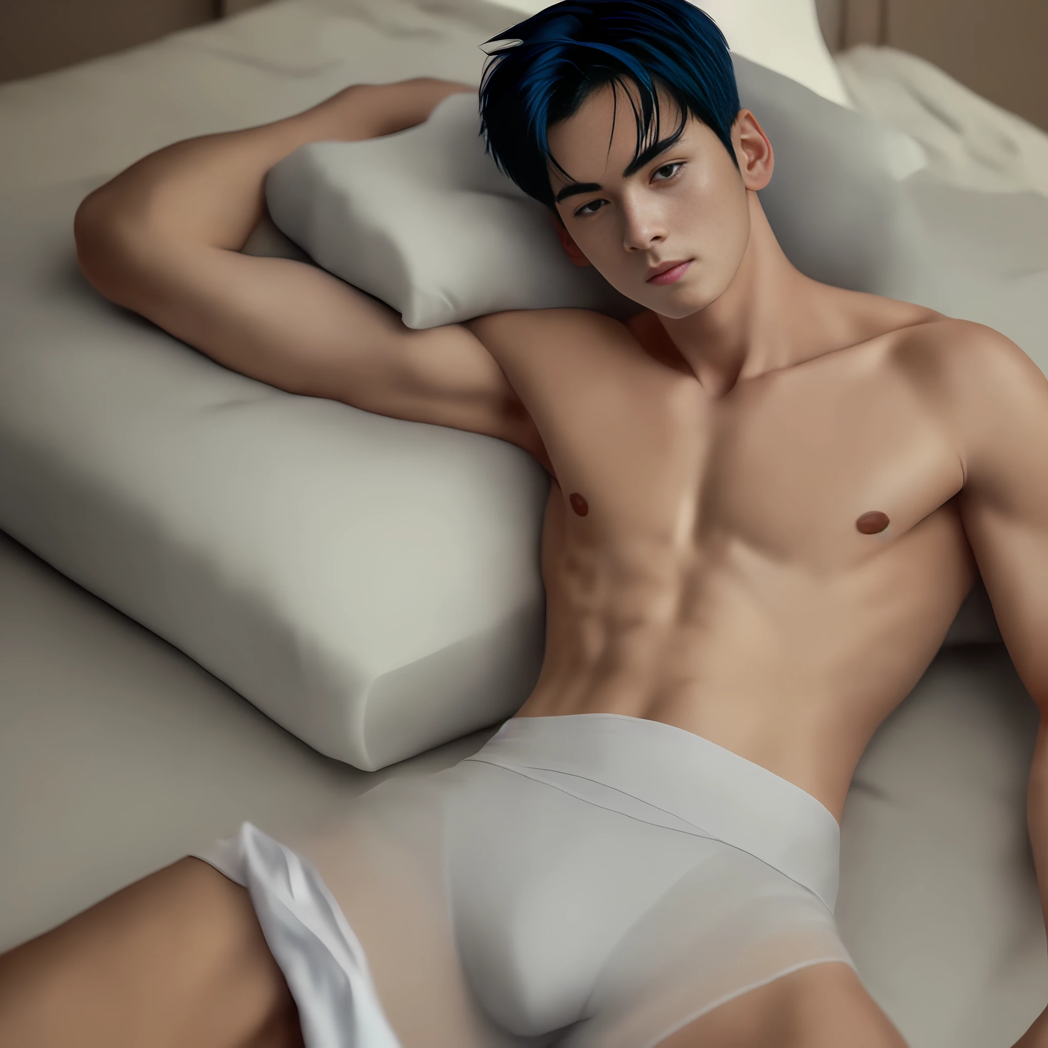 Korean, realistic, detailed, distant view, sexy, young, short straight blue hair, black eyes, towel on hips, arrogant look, lying down, lying in bed, underwear, no underwear, naked, realistic eyes, detailed face, no clothes, detailed hands, wet, child, swedetailed legs, detailed fingers, detailed hair, detailed eyes, detailed skin, dynamic lighting, (photorealistic: 1.4), 8k uhd, (hyper realistic), (photorealistic), (masterpiece), (best quality)