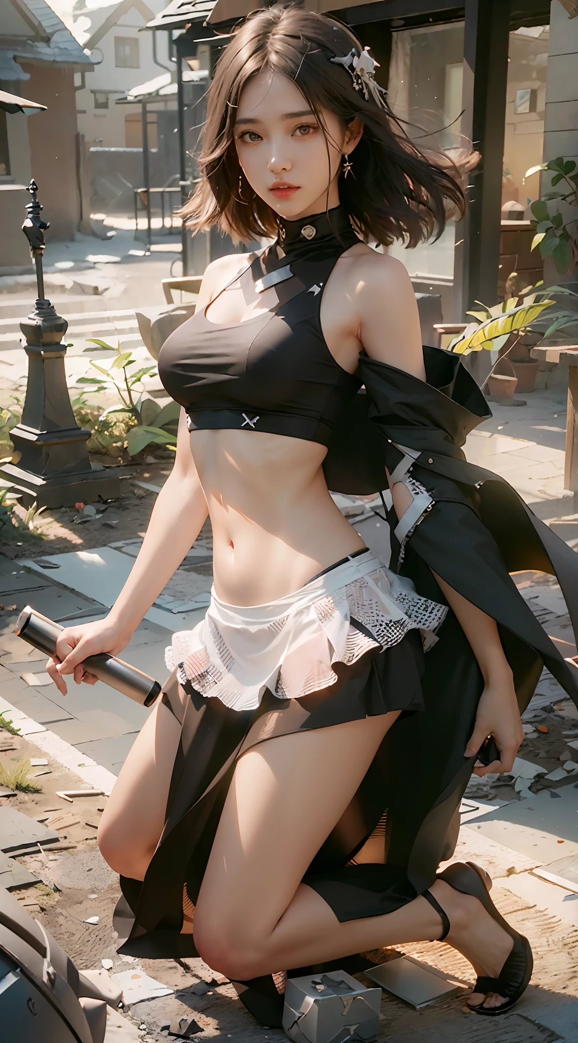 (Best Quality), ((Masterpiece)), (Details: 1.4 pieces), 3D, Beautiful Pure Beauty, (Black Crop Top: 1.9), (Sandals: 1.6), (Kneeling: 1.6) HDR (High Dynamic Range), Ray Tracing, NVIDIA RTX, Super Resolution, Unreal 5 Pieces, Subsurface Scattering, PBR Texture, Post Processing, Anisotropic Filtering, Depth of Field, Maximum Sharpness and Sharpness, Multi-layer Textures, Albedo and Highlight Maps, Surface Coloring, Mitsu - Accurate simulation of material interactions, perfect proportional ratio, octane rendering, two-color light, large aperture, low ISO, white balance, rule of thirds, 8K RAW,