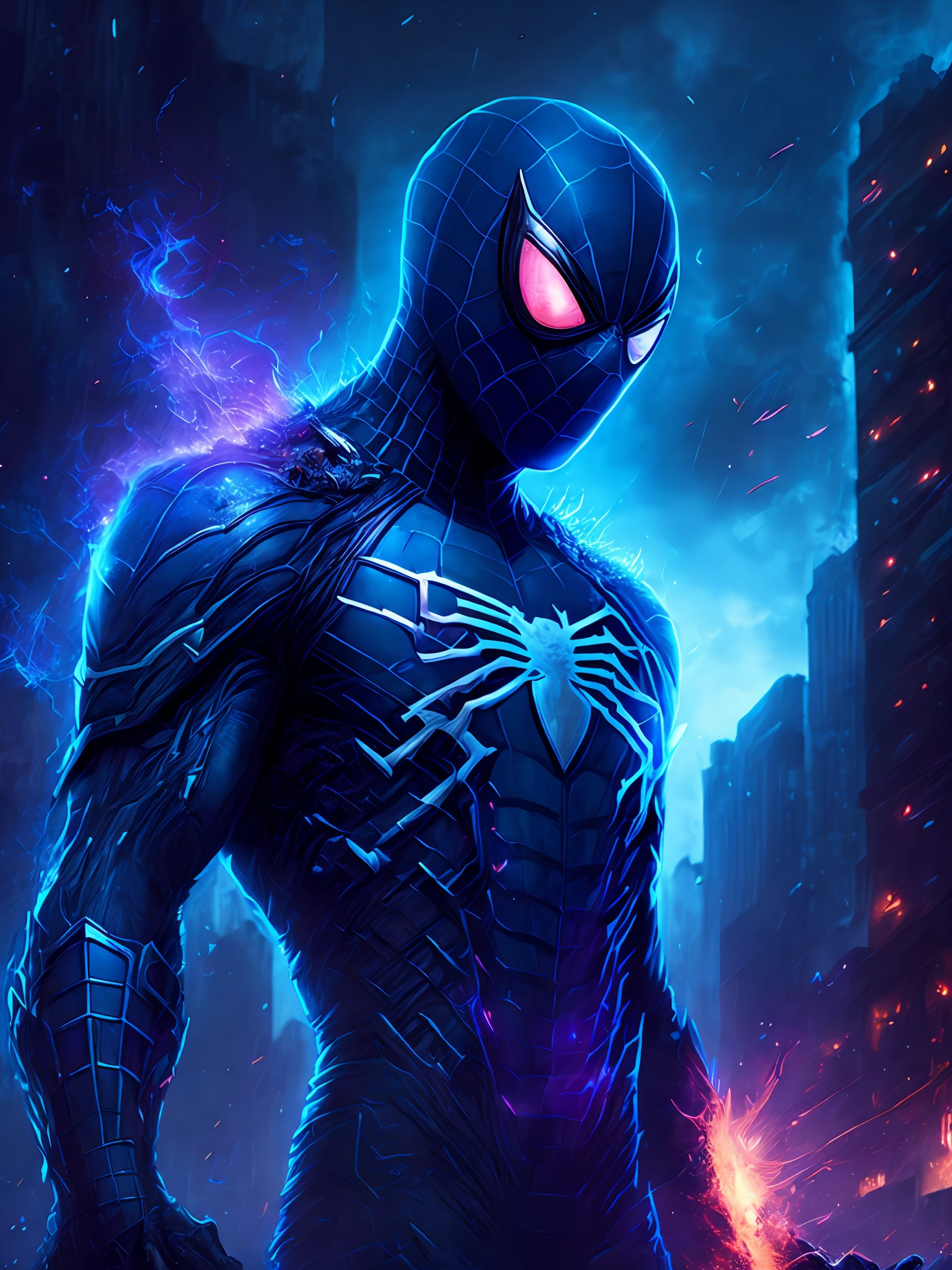 gloomy portrait of Zombie Black Spider-Man from Marvel, extremely detailed, futuristic cityscape, nighttime, glowing neon lights, smoke, sparks, metal shavings, flying debris, blue energy effects, volumetric light