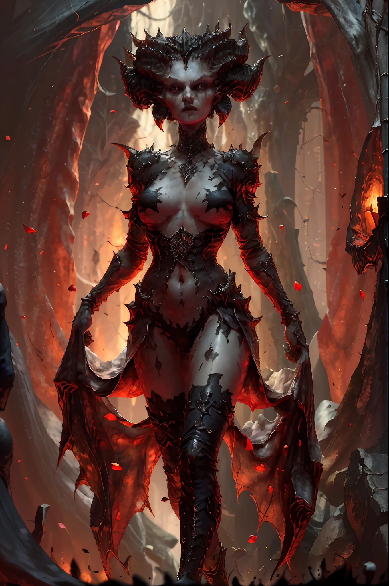 lilith, realistic, photo of a woman walking toward the viewer, dark mood,gore, intricate details, subsurface scattering, insanely detailed texture, textured skin, breasts,thin waist, hips, thigh, tight clothing, lewd clothing, masterpiece, best quality, ultra-detailed, texture, looking at viewer, detailed eyes, detailed face, masterpiece, midnight,pubic hair, clear image, exposed cleavage, bloom around lights,red tone,