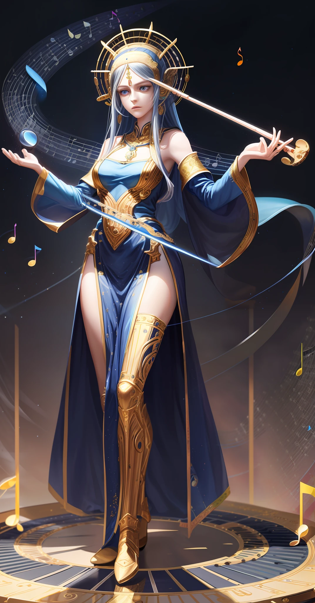 Woman 30 years thin hair sintilante, blue eyes, full body, (((((changing musical instrument))))), highly detailed, ultra realistic, with golden robes, ultra realistic texture, full body, background, Milky Way, Musical tones.