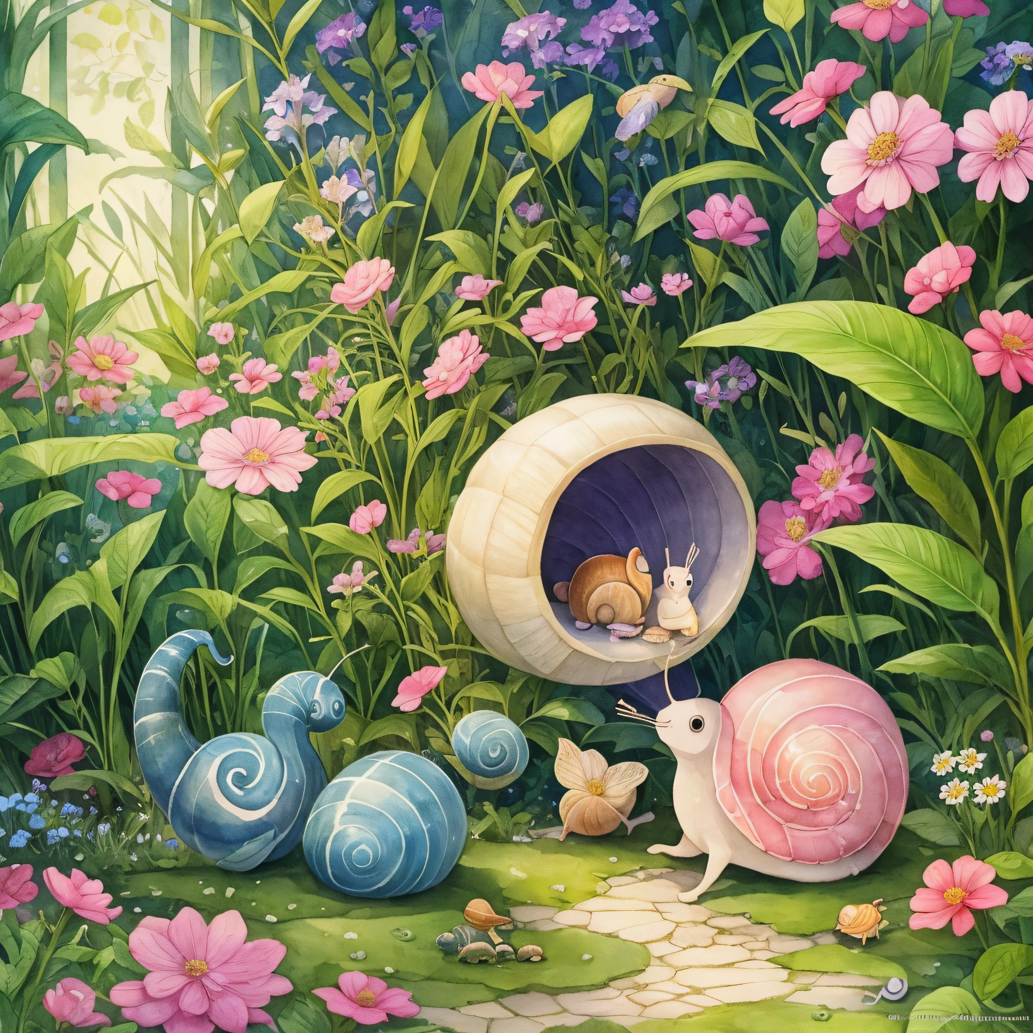 Create an enchanting illustration a small snail, in his house, in the garden. The image should be filled with various objects, plants, and flowers, creating a bustling scene. The snail should be perfectly formed and in great detail. The use of watercolor and ink techniques will add a touch of whimsy to the illustration. Soft, natural lighting will enhance the dreamlike atmosphere, and pastel and bright colors will make the image visually appealing. The overall clarity should be moderate, allowing for a balance between intricate details and a hint of mystery. --auto --s2