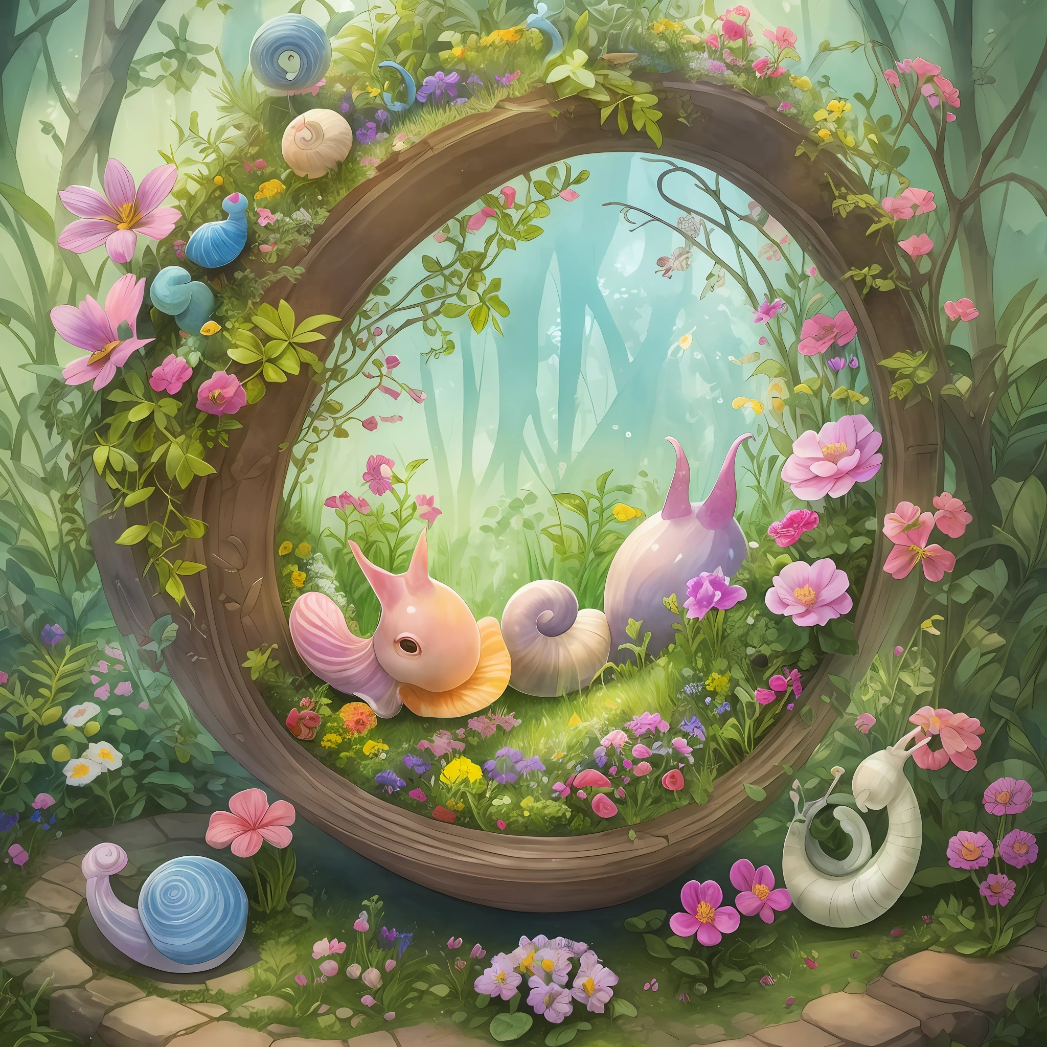 Create an enchanting illustration a small snail, in his house, in the garden. The image should be filled with various objects, plants, and flowers, creating a bustling scene. The snail should be perfectly formed and in great detail. The use of watercolor and ink techniques will add a touch of whimsy to the illustration. Soft, natural lighting will enhance the dreamlike atmosphere, and pastel and bright colors will make the image visually appealing. The overall clarity should be moderate, allowing for a balance between intricate details and a hint of mystery. --auto --s2