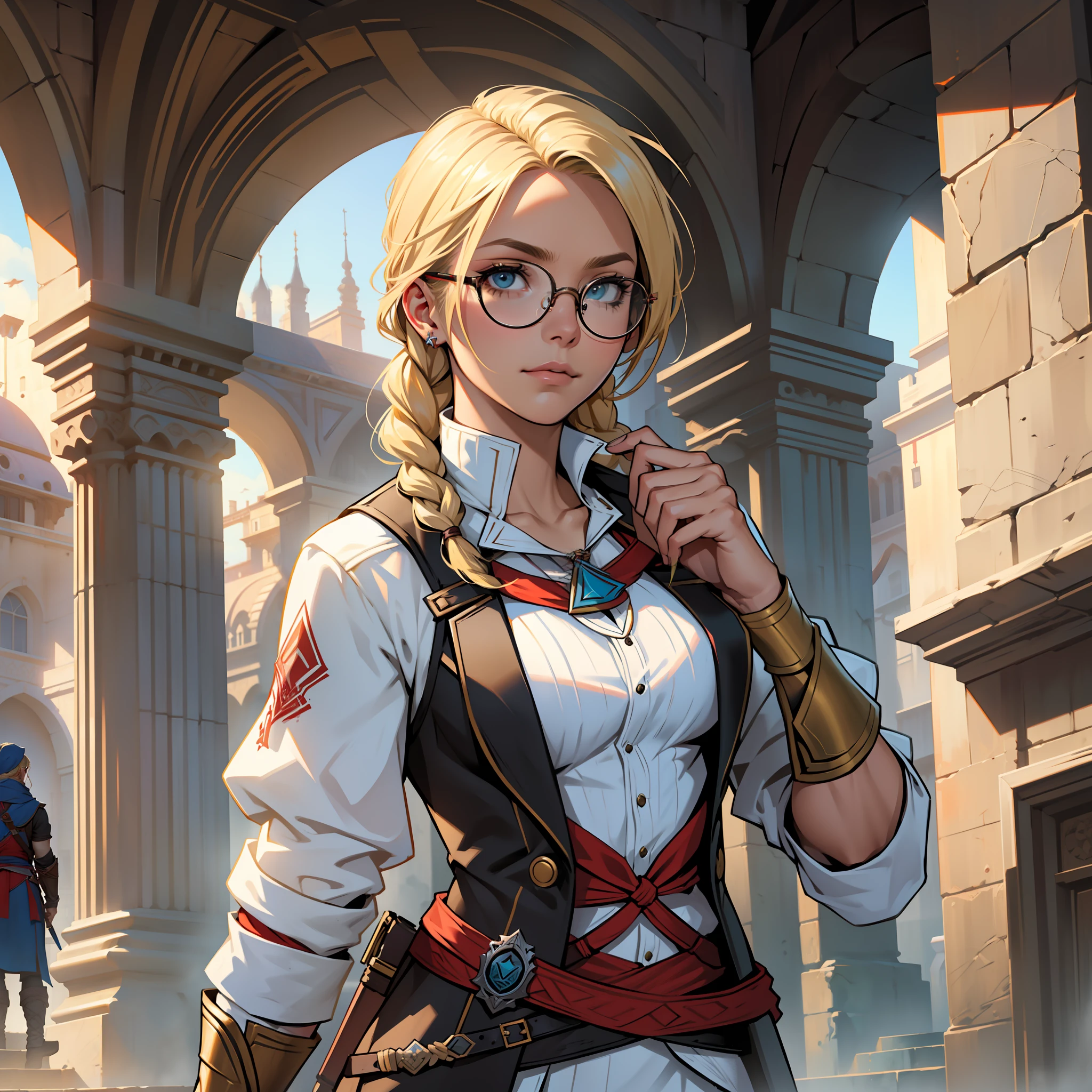 ((realista: 1.5)),((melhor qualidade)), ((obra-prima)),(detalhado)), Blonde woman, hair tied in braids, round glasses, assassins creed outfit.