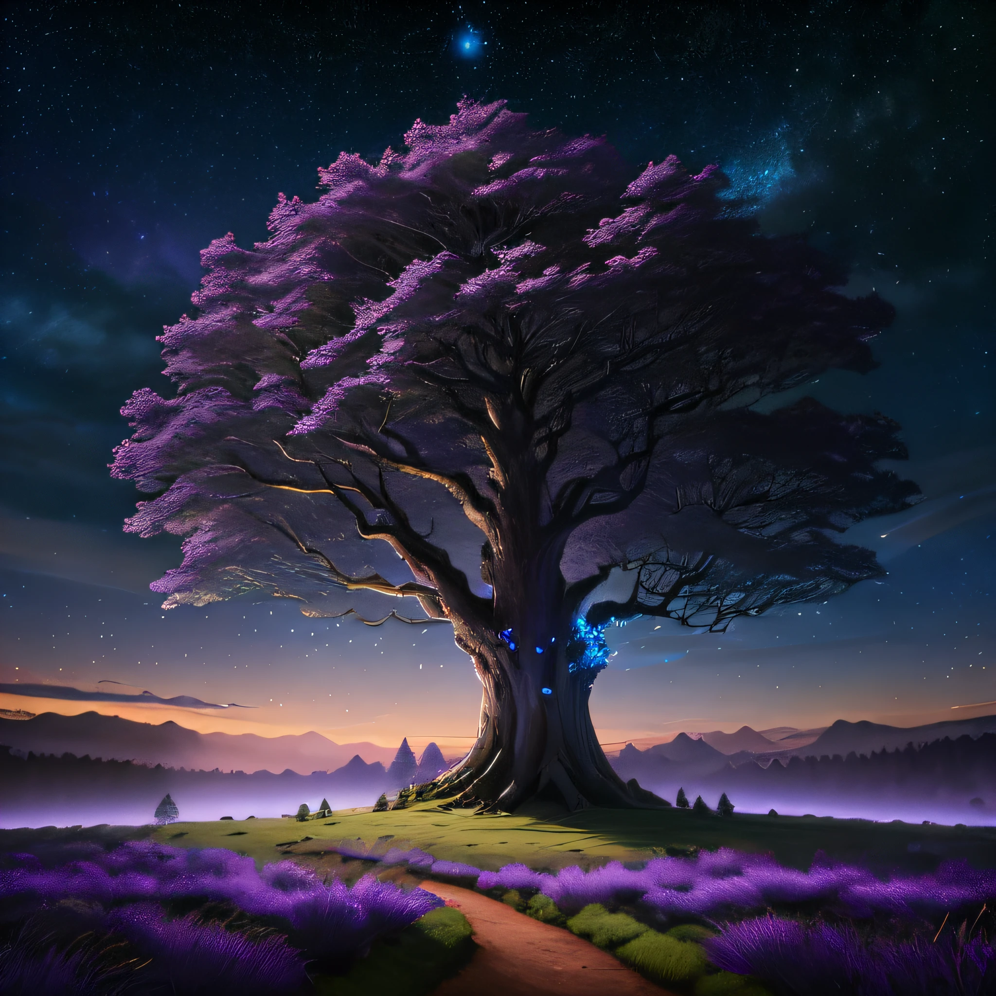 A towering tree, ancient tree, luxuriant leaves, glowing fireflies, looking up, blue-purple sky with bright stars, distant castle brightly lit, dream home, legend, ancient, mysterious, realistic, detailed details, Sky flying over mysterious objects, realistic shadows, single landscape, CG, 8K