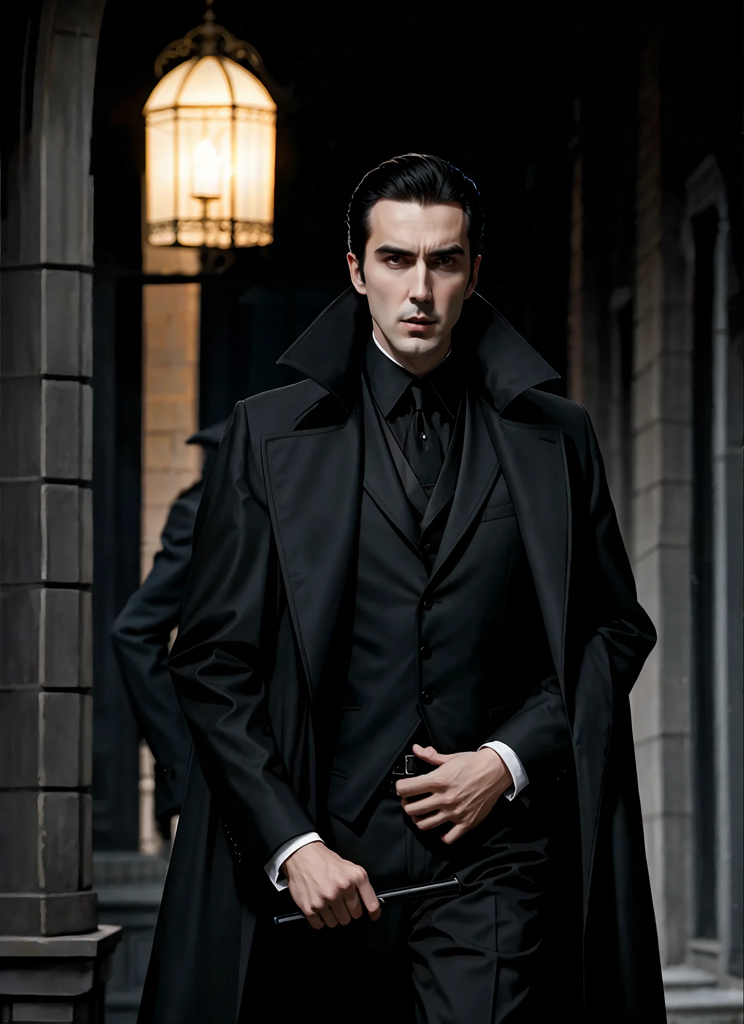 A handsome vampire resembling a young Christopher Lee in modern times with short dark hair combed back into a widow's peak and wearing a long black coat, modern nocturnal setting