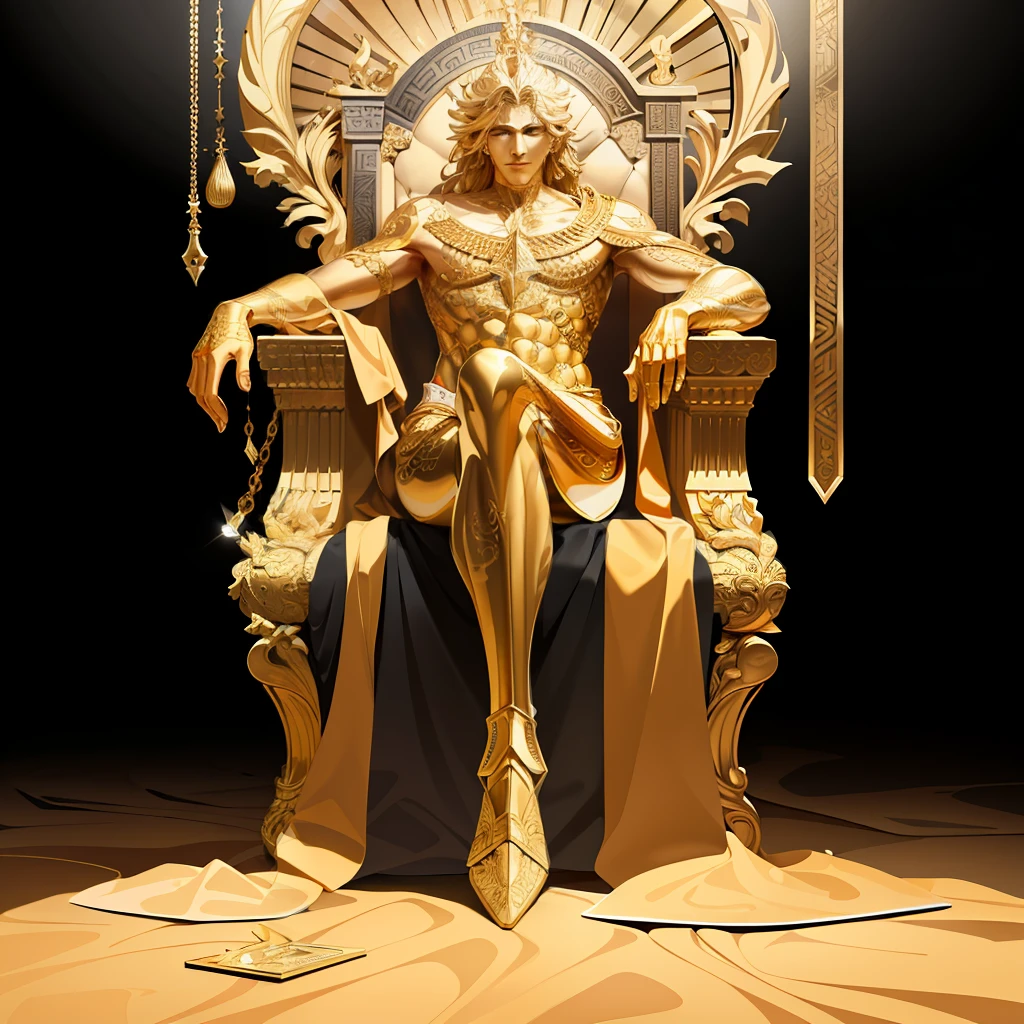 (masterpiece, best quality, high resolution: 1.4), detailed, intricate details, 4K, color splashes, line art, art, fibonacci, Create an image in the realistic style of Midas and his golden body, the King of Phrygia, sitting on a white throne in a stylish pose. Make sure the image depicts Midas with his iconic ability to turn everything into gold, as illustrated in Greek mythology. The background of the image should be black. "U.S. dollars around Midas, evoking his wealth and financial power." details the throne, his dress and accessories to create a realistic and well-finished image. shading and lighting to create a depth effect on the image.