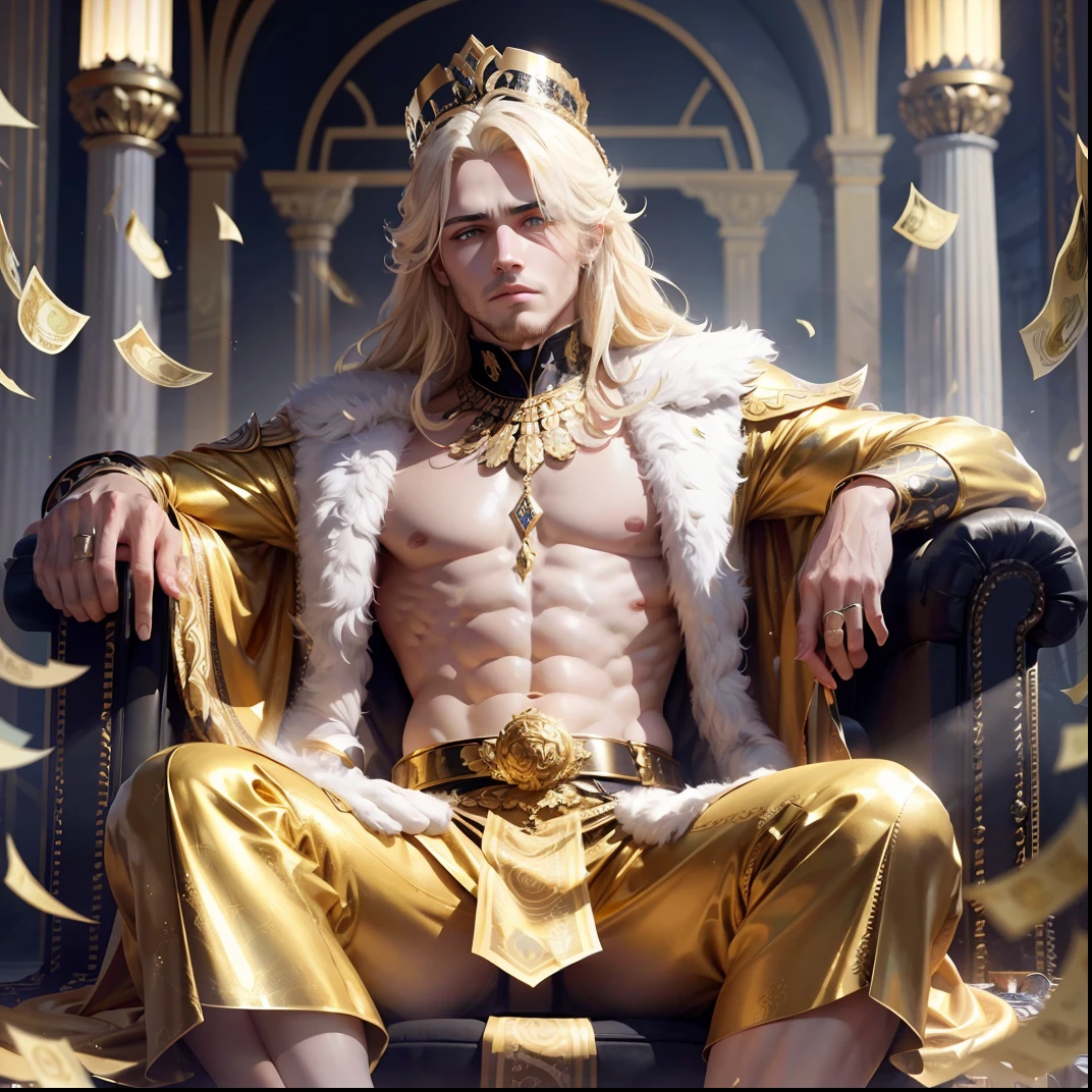 A Midas, King of Phrygia, sitting in a stylish pose on a white throne, golden hair, gleaming crown, bright amber eyes, wealth all around him. Surrounded by floating dollar bills, cascade of money. Background is black, further highlighting the brightness and opulence of the scene.