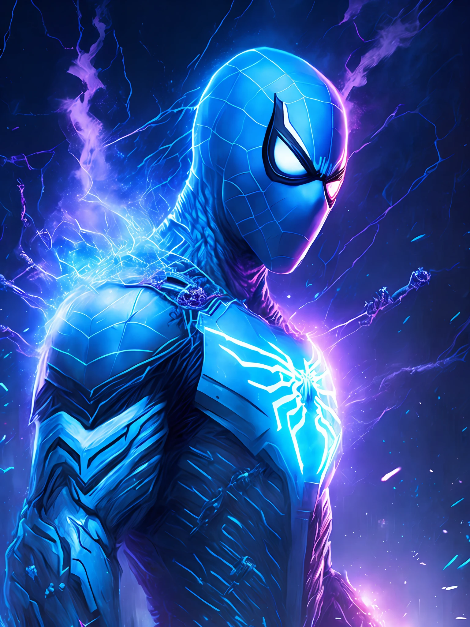 gloomy portrait of Zombie White Spider-Man from Marvel, extremely detailed, futuristic cityscape, nighttime, glowing neon lights, smoke, sparks, metal shavings, flying debris, blue energy effects, volumetric light