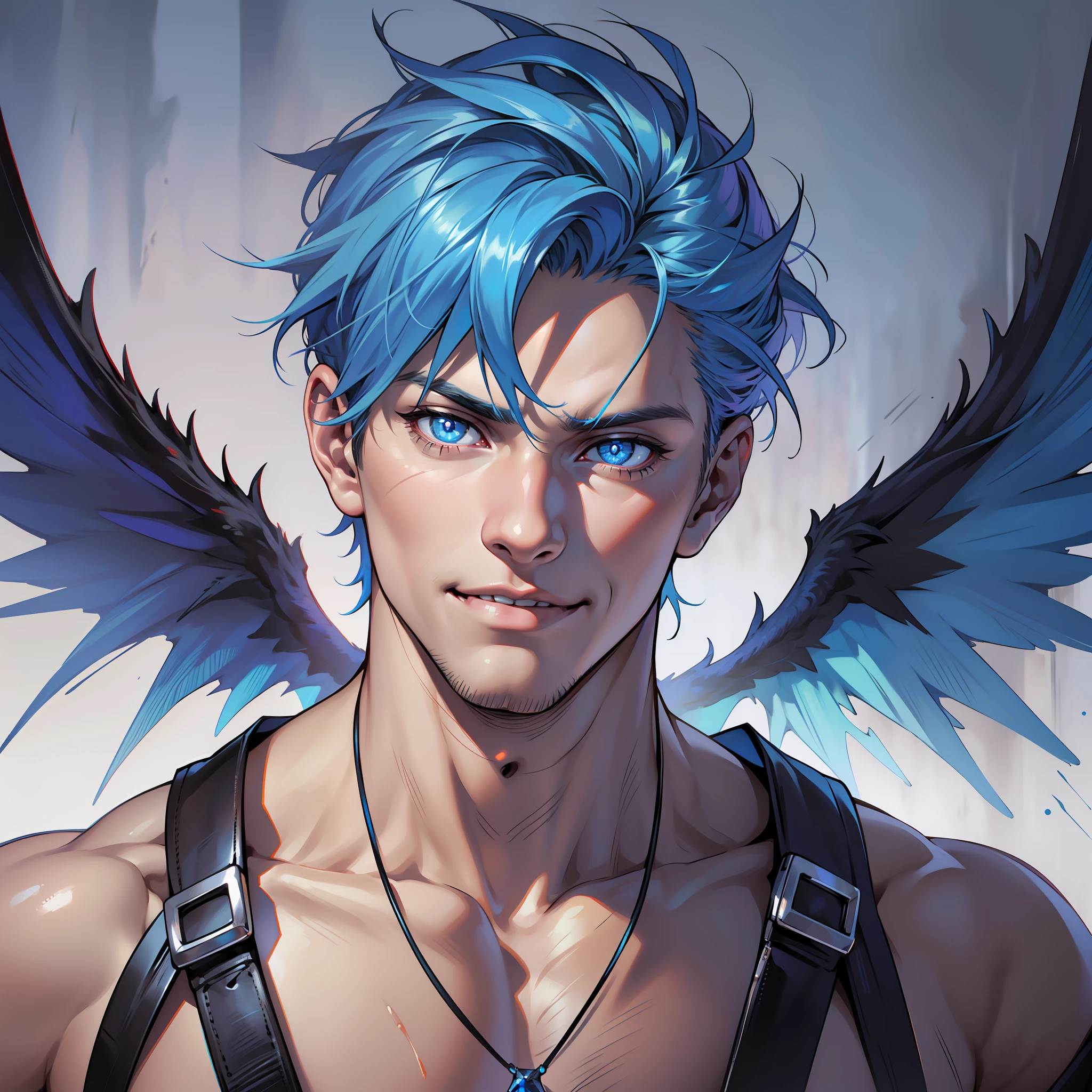((realistic: 1.5)),((best quality)), ((masterpiece)),((detailed)), male, young, short flaming blue hair, bright blue pupils, dark demon wings, focus on face , fierce look, cocky smile, in hell