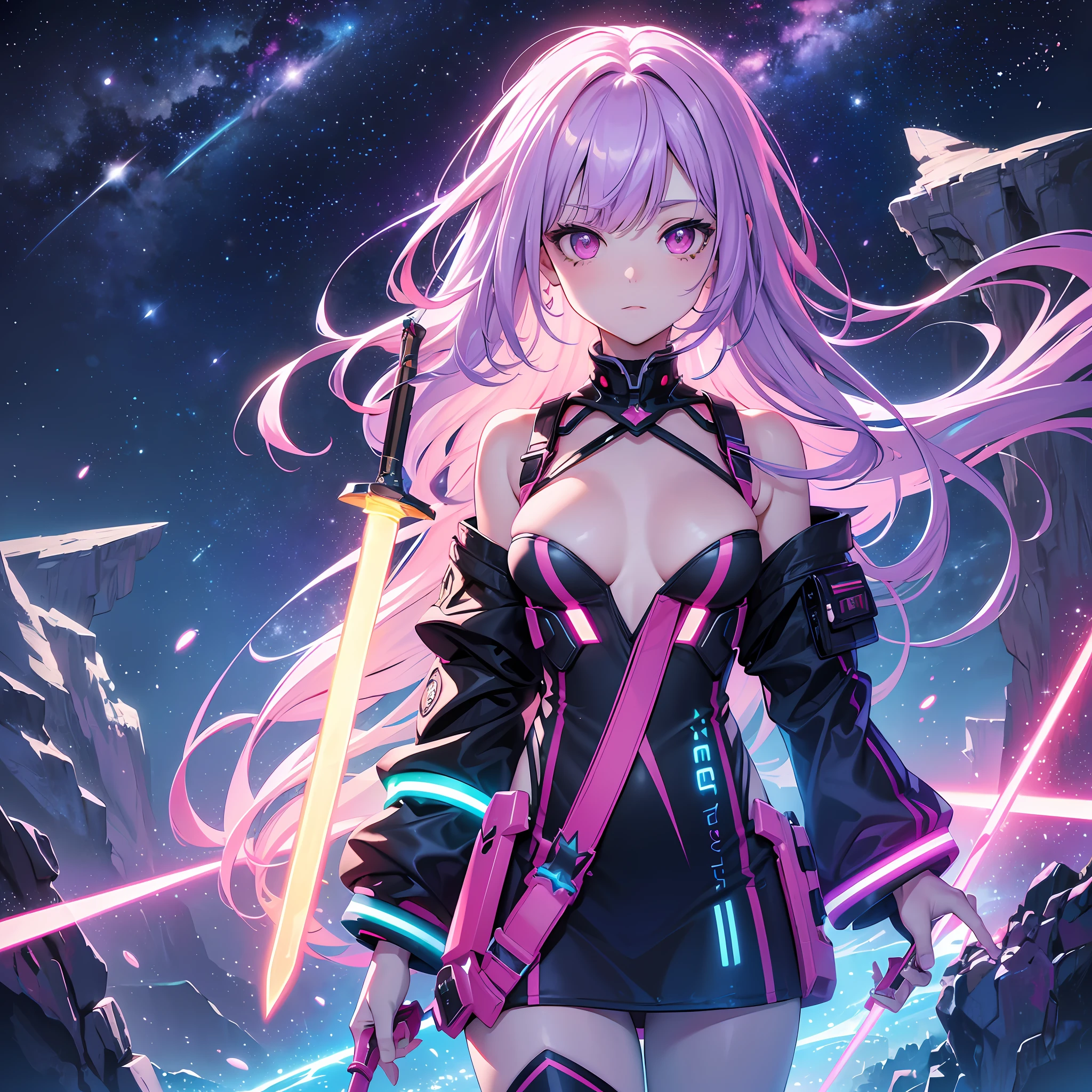 (ultra detailed background, detailed background), absurd, highres, ultra detailed, extremely detailed, 1girl, (nsfw: 1.5), (zentangle: 1.2), (geometric: 1.2), (colorful), (1girl), (sexy girl), alone, (((face and eyes detailed))),((pink eyes)),((long straight loose hair)),((light purple hair)),galactic girl, galaxy, planets, starry sky, space, stars, stars ,((technological boots)),((fluorescent clothing, neon color )),((red sword)), 8k, high quality,  full HD,