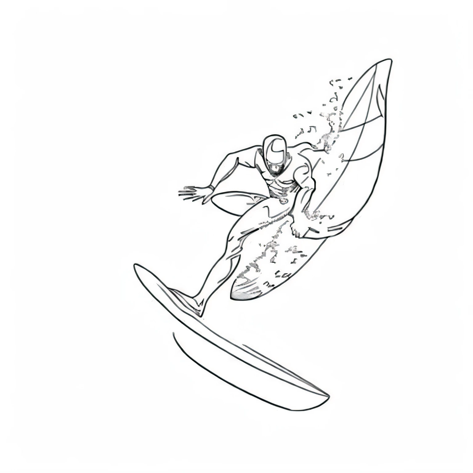 SingleLineArt style B&W line drawing of a surfer catching a wave