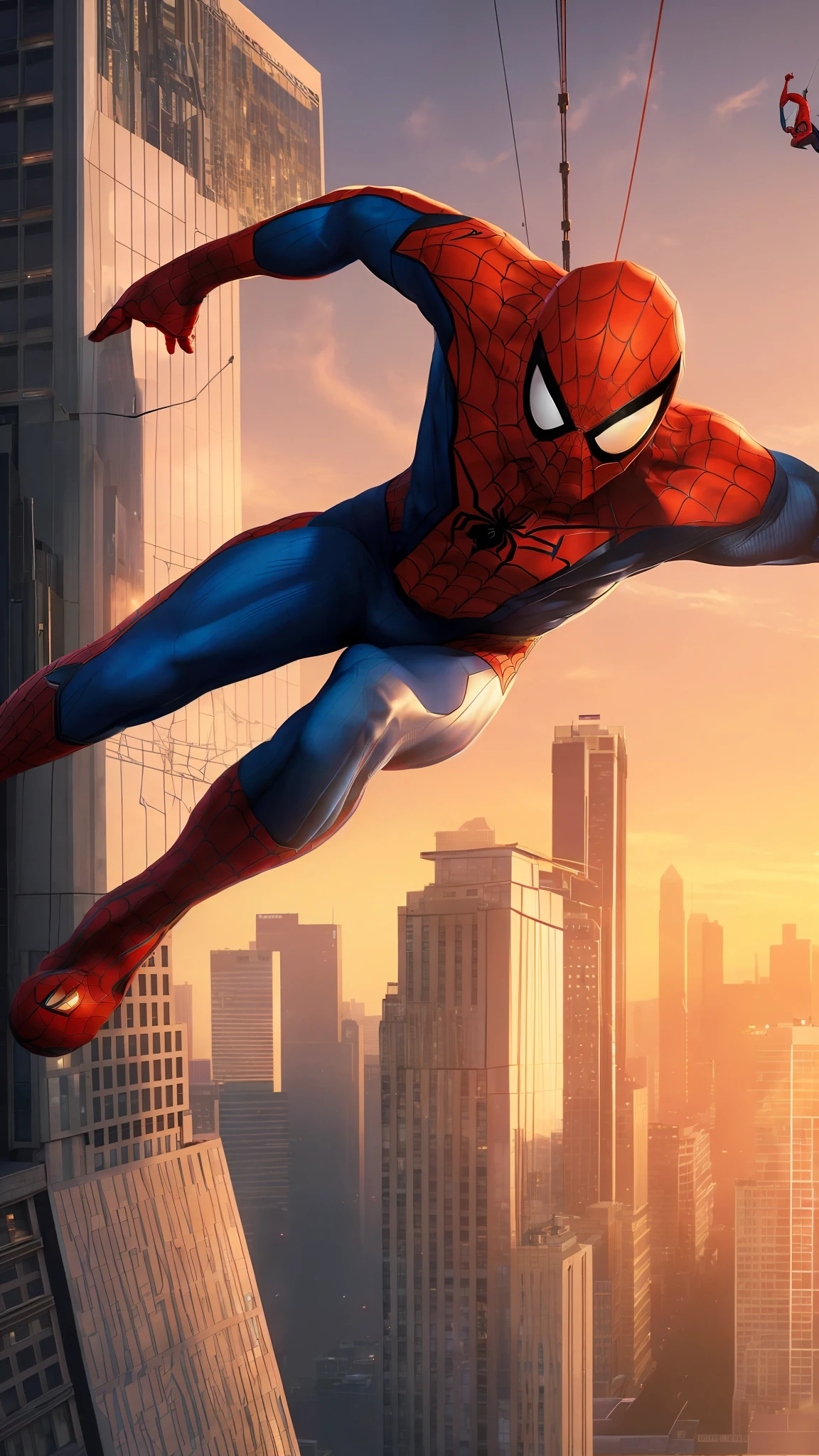 spider - man flying over a city with a spider - man in the background, hero pose colorful city lighting, peter parker, spider - man, spider-man, portrait of spiderman, spiderman, futuristic style spiderman, amazing wallpaper, highly detailed spider - man, 3840 x 2160, 3840x2160, fan art