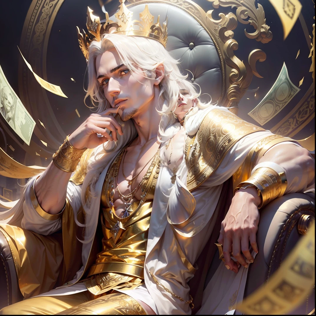 A Midas, King of Phrygia, sitting in a stylish pose on a white throne, golden hair, gleaming crown, bright amber eyes, wealth all around him. Surrounded by floating dollar bills, cascade of money. Background is black, further highlighting the brightness and opulence of the scene.