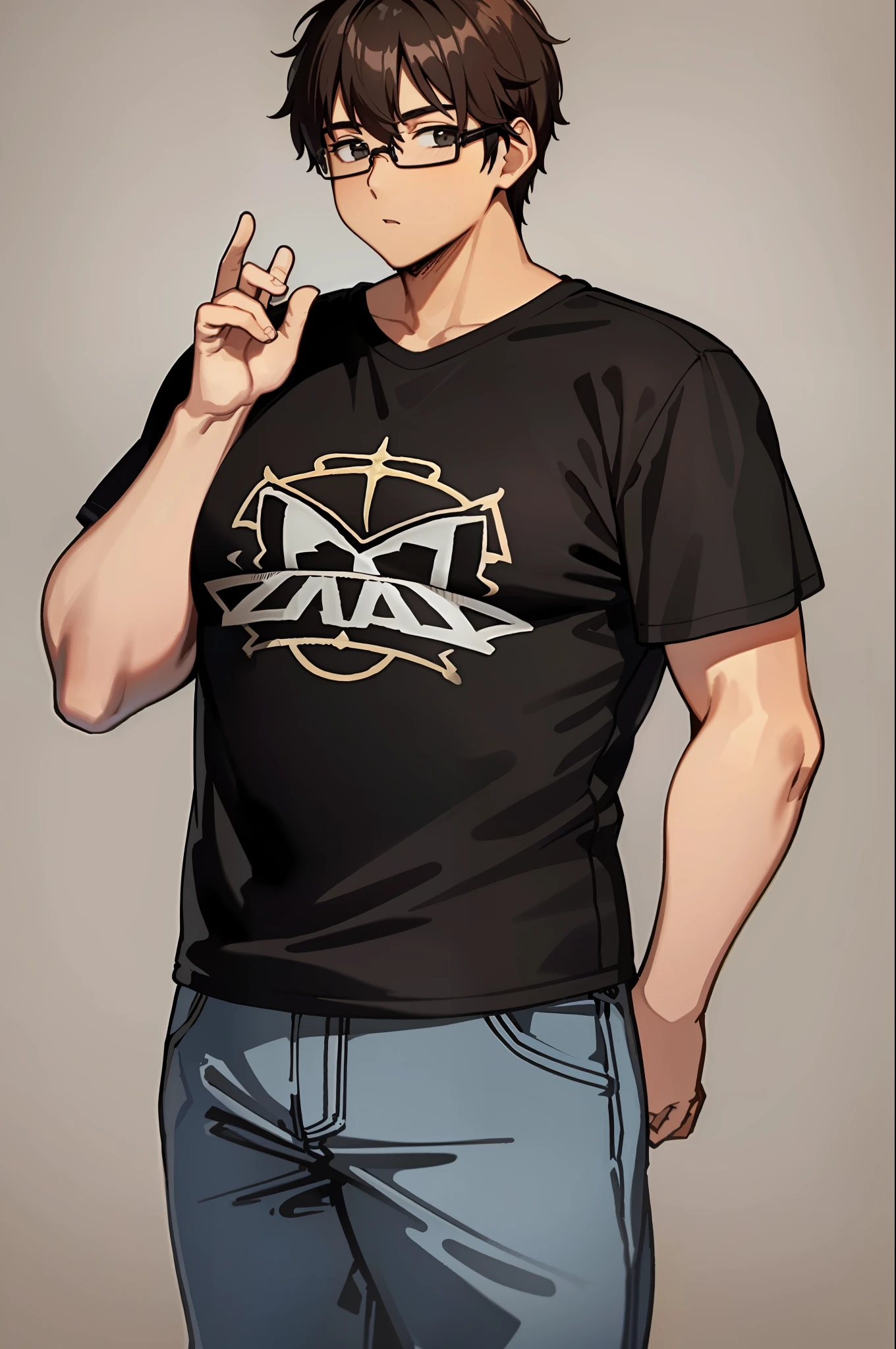 Somewhat chubby 21-year-old with long brown hair with a friendly look wears glasses and a black T-shirt