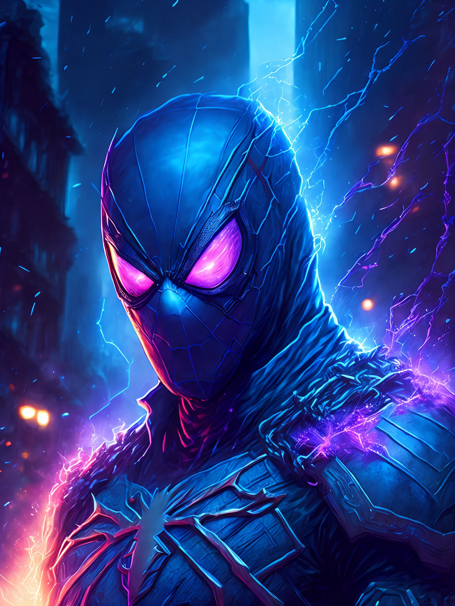 gloomy portrait of Zombie Spider-Man from Marvel, extremely detailed, futuristic cityscape, nighttime, glowing neon lights, smoke, sparks, metal shavings, flying debris, blue energy effects, volumetric light