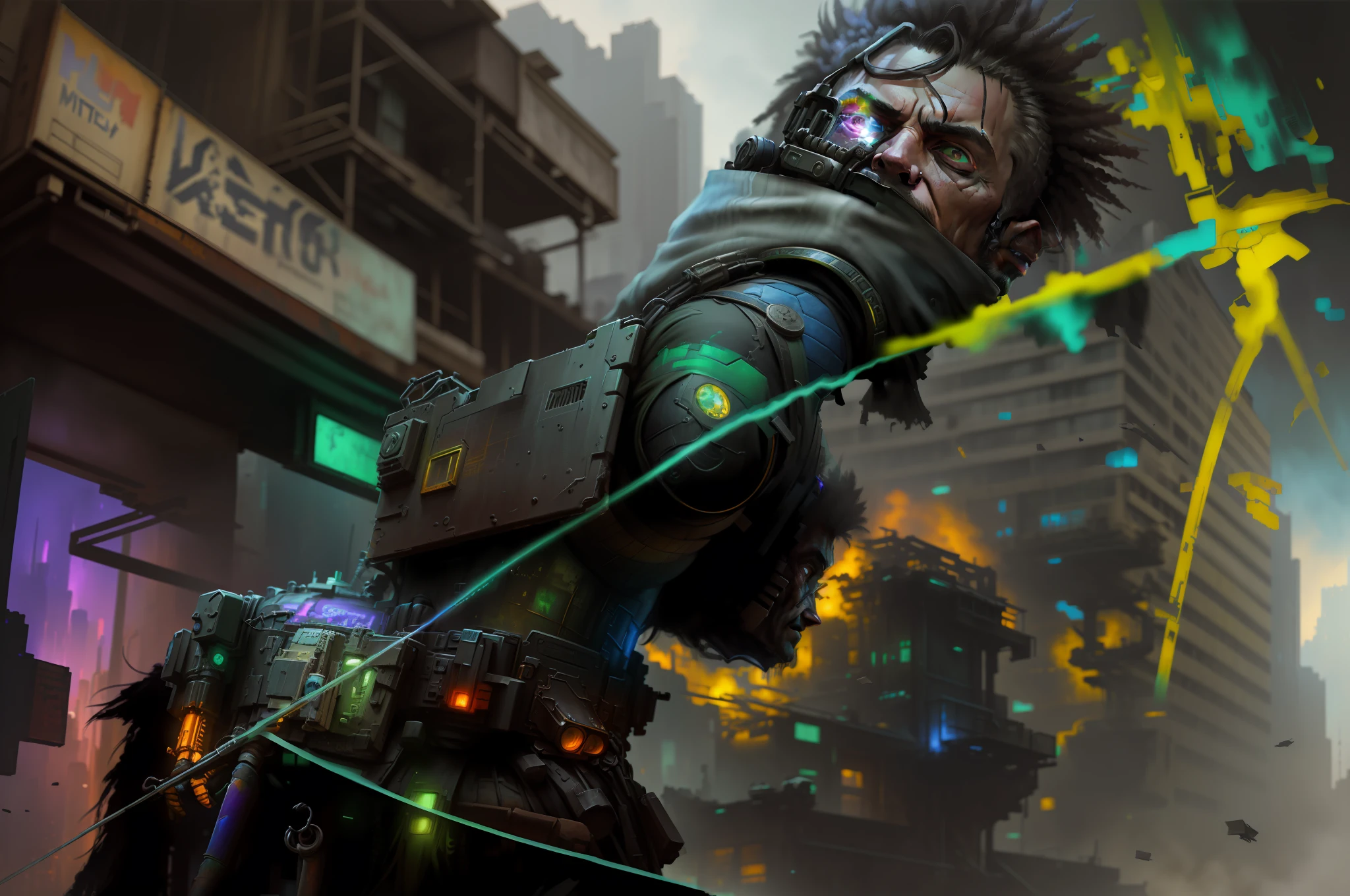 (masterpiece) highly detailed RAW, a post-apocalyptic man, cyberpunk city themed rainbow vivid, hassanfantasy style, by Jeremy Mann and Donato Giancola ultra realistic highly detailed intricate photorealistic