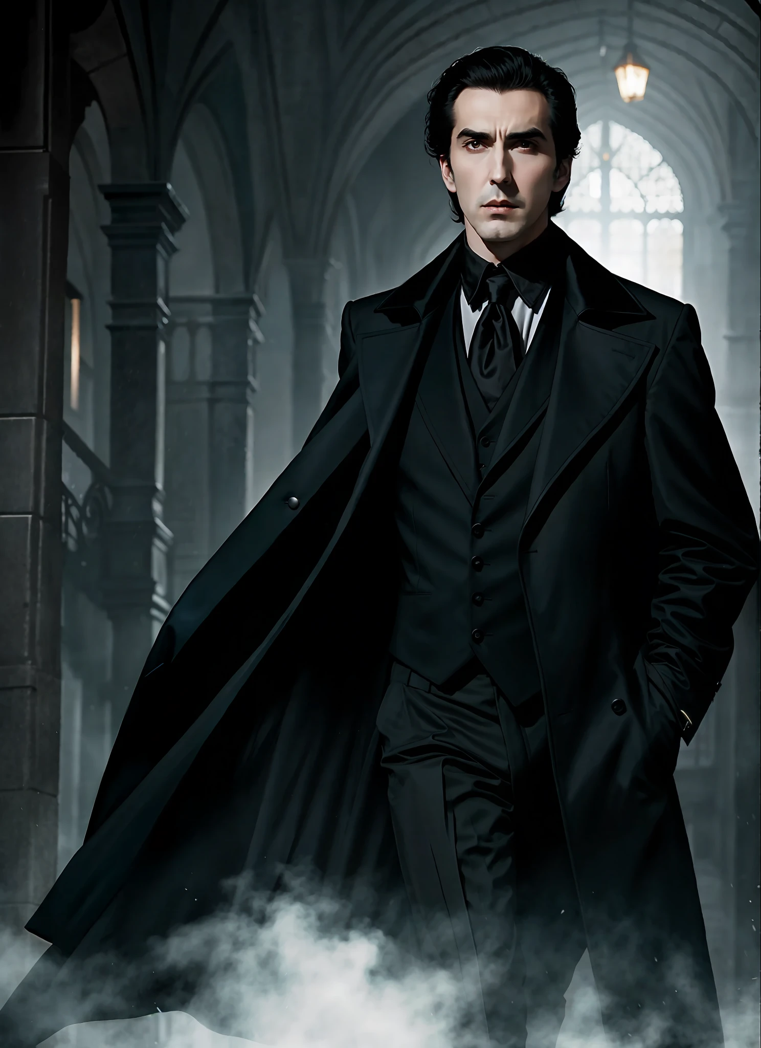 A handsome vampire resembling a young Christopher Lee in modern times with short dark hair combed back into a widow's peak and wearing a long black coat, modern nocturnal setting