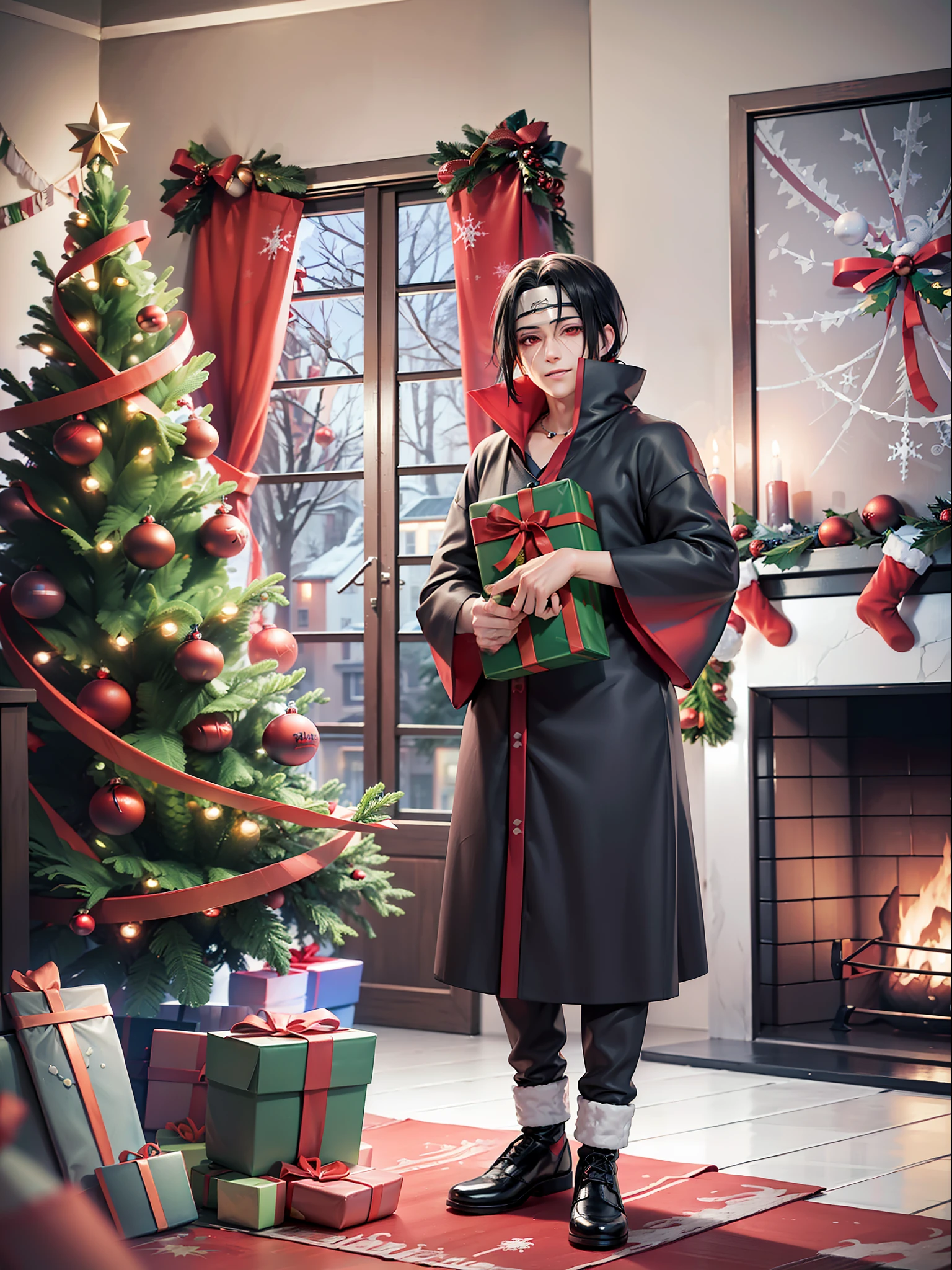 ((Full body):1.5), {uchiha itachi}, Just ((({uchiha itachi}/man)) (((with Christmas raje extremely, holding a gift bag):1.3)), Only {uchiha itachi} ((looking at the viewer, with a look of happiness and manic smile on his face):1.3), ((Inside a house in front of a chimney with a large Christmas tree next to it)), anime,  anime style, 16k, high resolution, best quality, (high details:1.3), UHD, ((masterpiece))