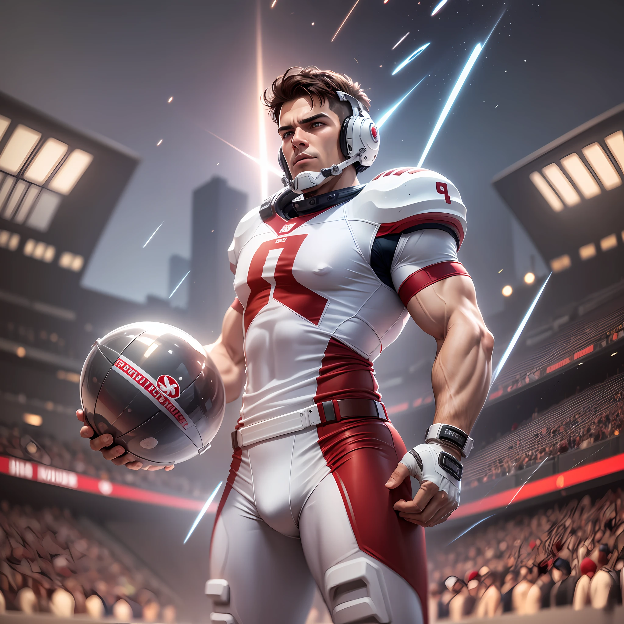 man in red uniform, white ethnicity, latin man, medium height, light brown hair, 30s, fit, NO HELMET, American football super bowl concept, male football players, full body speed, emotion, digital painting, space for type, god rays, cinematic lighting, motion blur, anaglyph, vignetting, UHD, high details, HD, high quality, anatomically correct, award winning, best quality --auto --s2