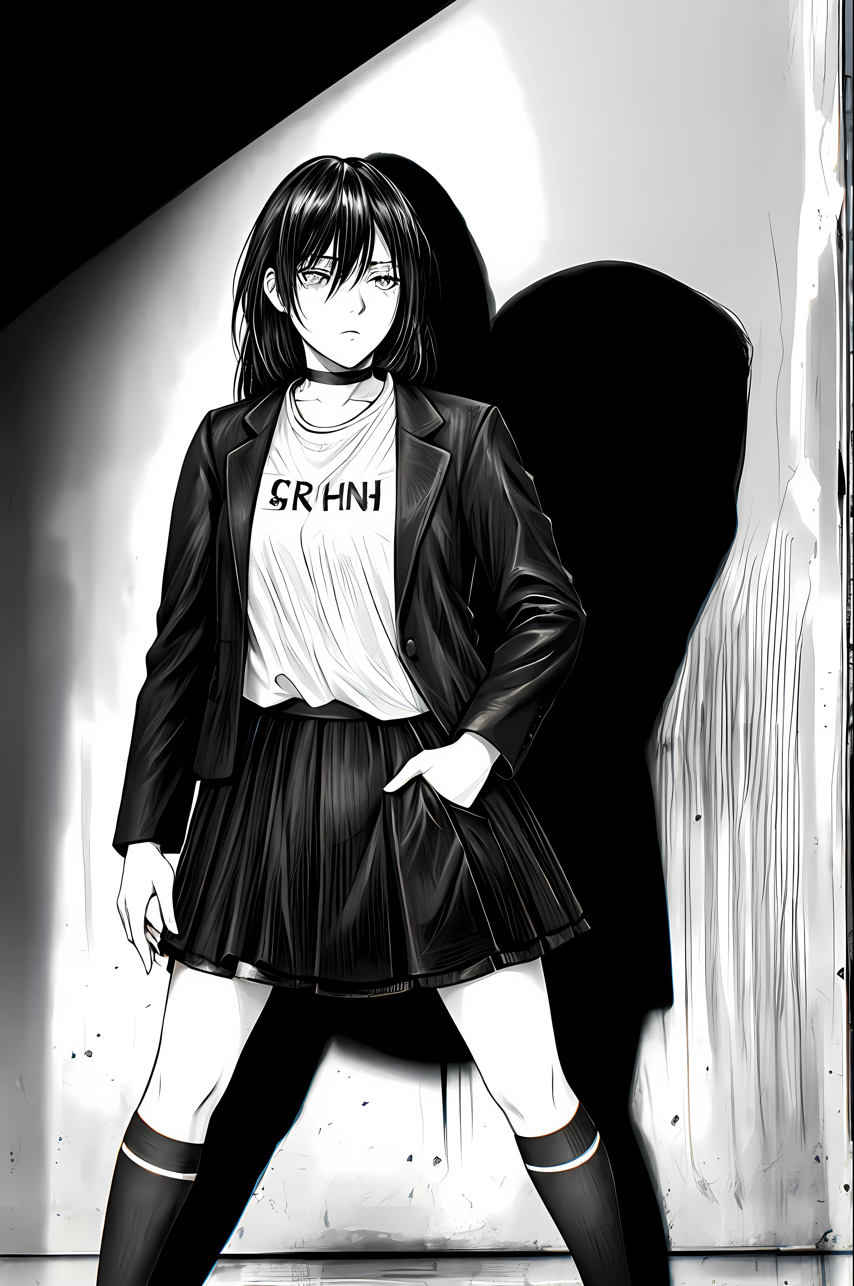 best quality, intricate details, lineart, monochrome,
1girl, long hair, black hair, messy hair, hair over one eye, sharp eyes,
choker, shirt, torn legwear, open jacket,
against wall, brick wall, graffiti, dim lighting, alley