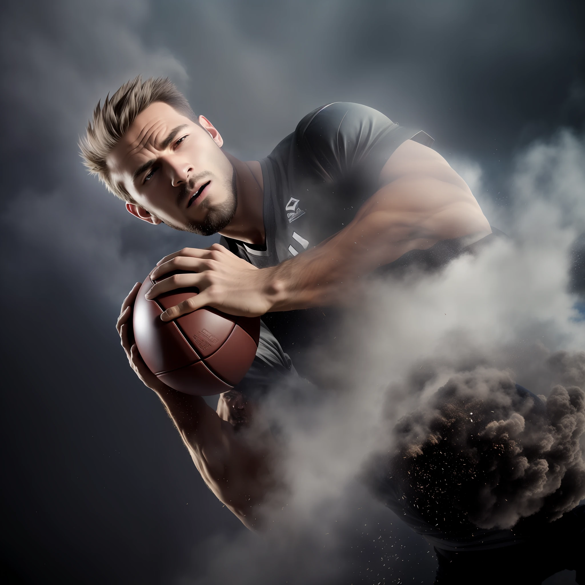 arafed man holding a football in a dust cloud, dramatic action shot, athlete photography, dramatic action photography, football player, high-speed sports photography, sports photography, sport photography, portrait shot, by Sebastian Spreng, dynamic action shot, high quality action photography, dramatic cinematic action shot, dynamic dramatic shot, wide angle dynamic action shot, by Thomas Bock