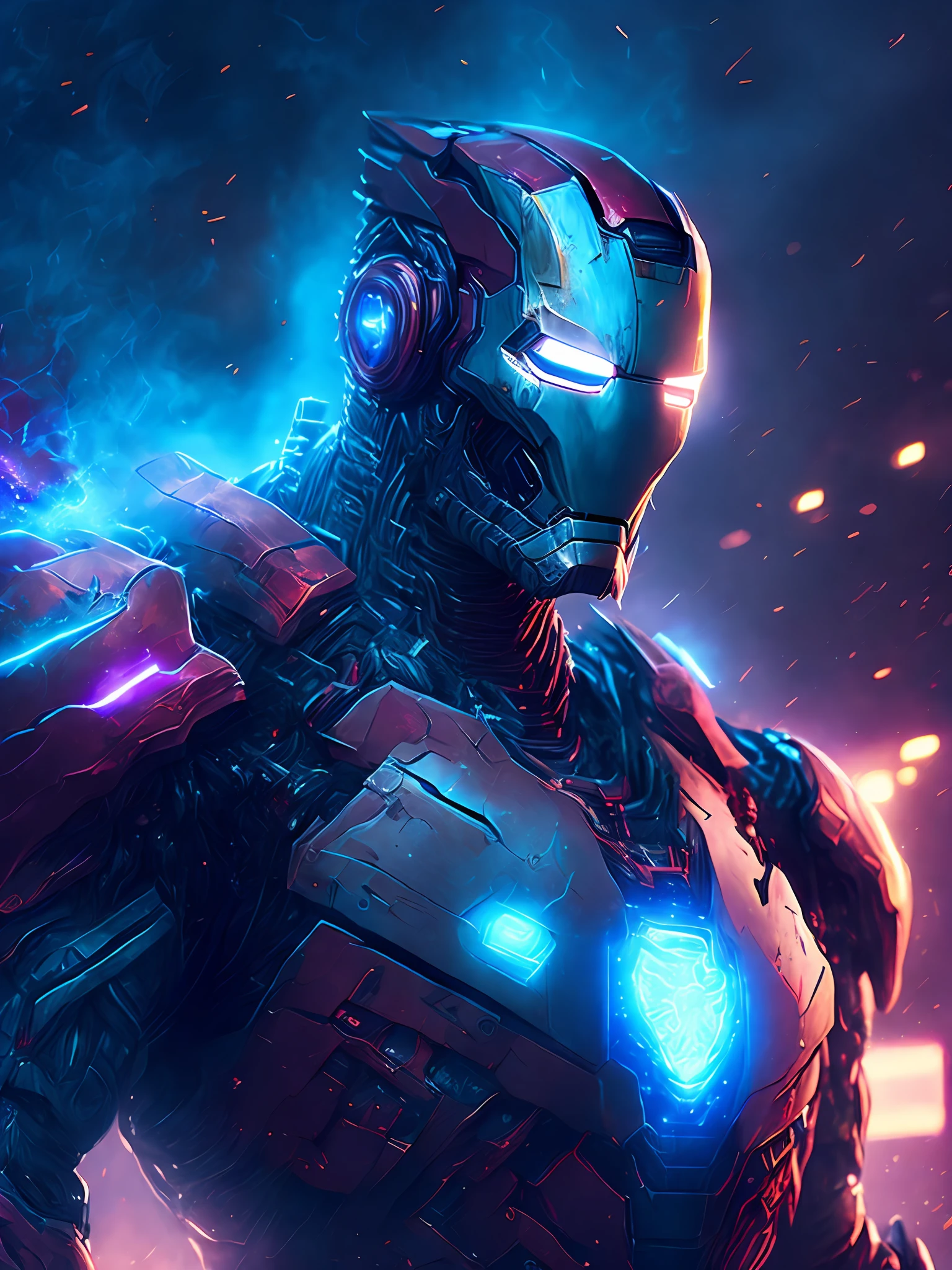 gloomy portrait of Zombie Iron Man from Marvel, extremely detailed, futuristic cityscape, nighttime, glowing neon lights, smoke, sparks, metal shavings, flying debris, blue energy effects, volumetric light