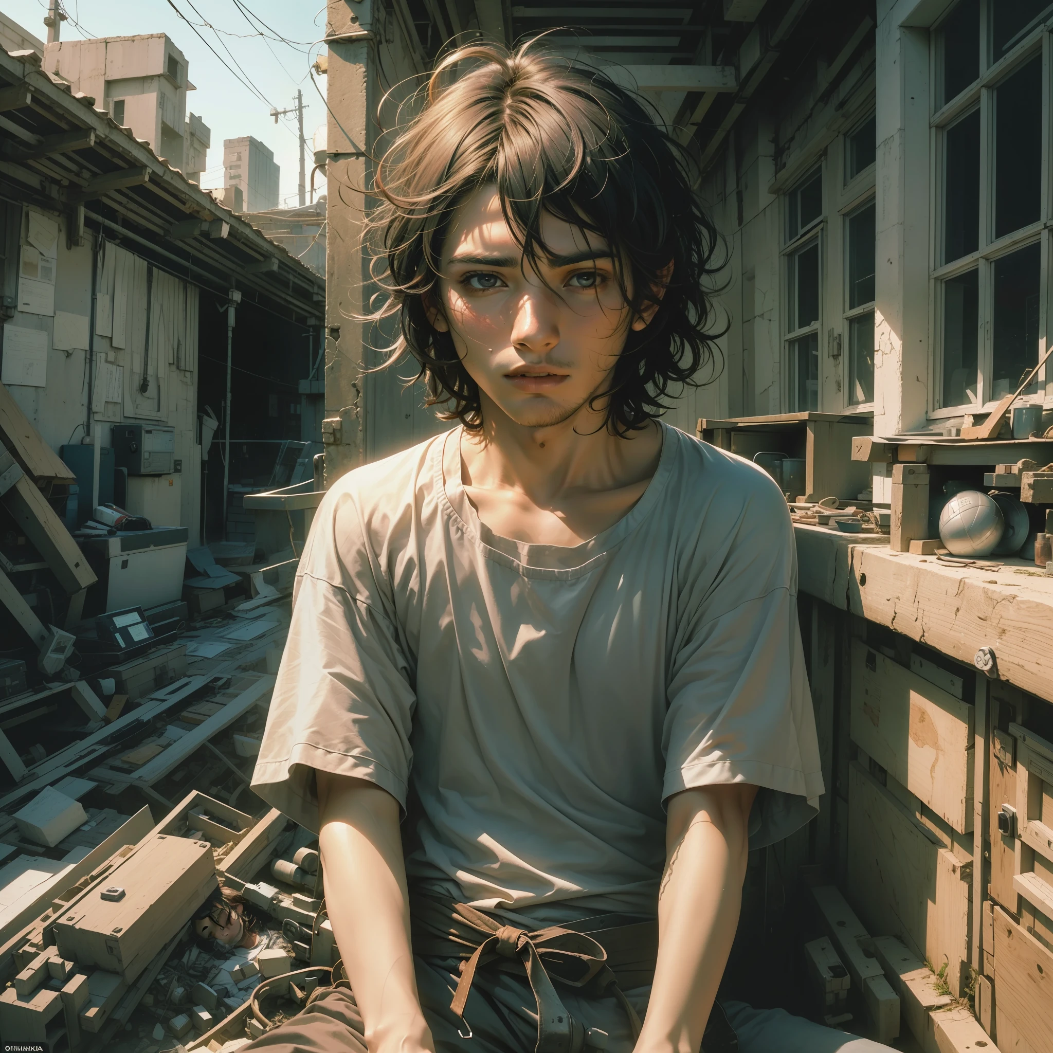 ((realista: 1.5)),((melhor qualidade)), ((obra-prima)),(detalhado)),man, young, with tired face, with dark circles, head down, messy hair, lying in garden