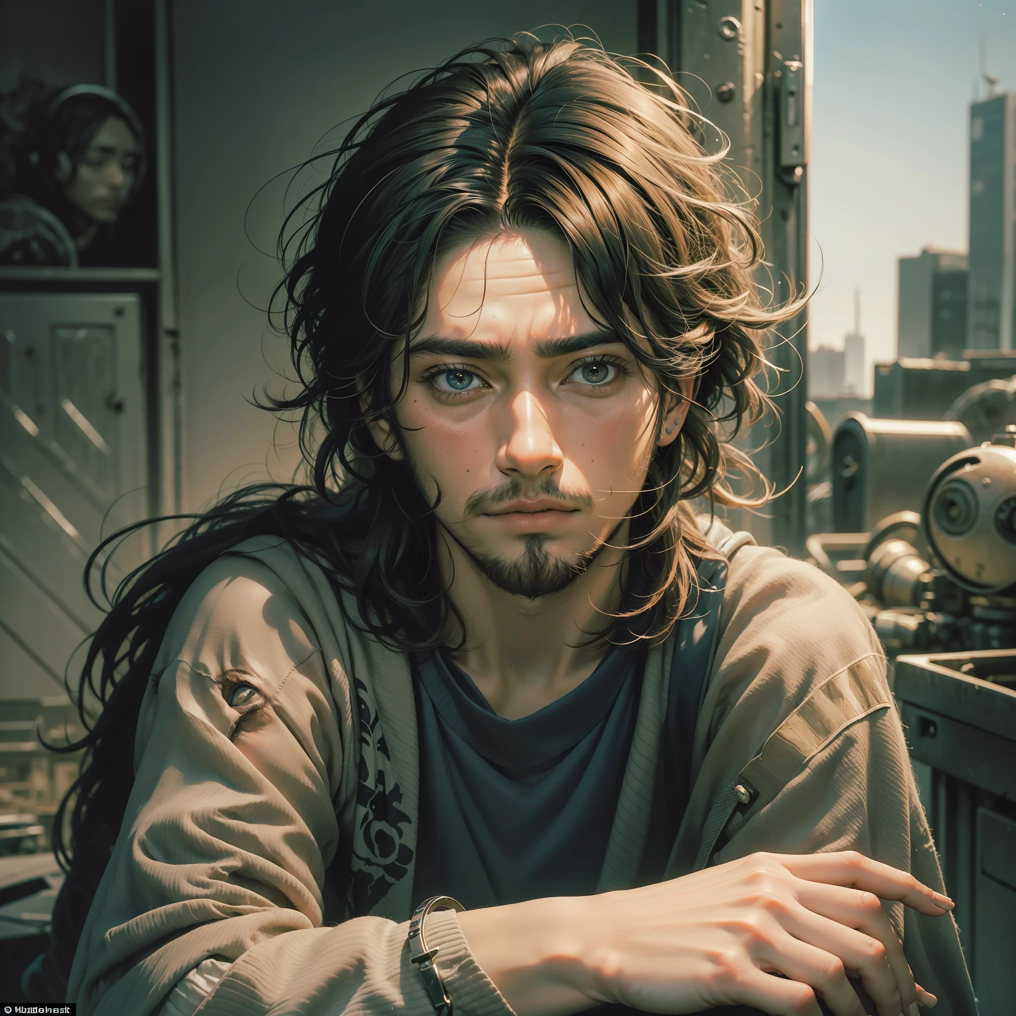 ((realista: 1.5)),((melhor qualidade)), ((obra-prima)),(detalhado)),man, young, with tired face, with dark circles, head down, messy hair, lying in garden