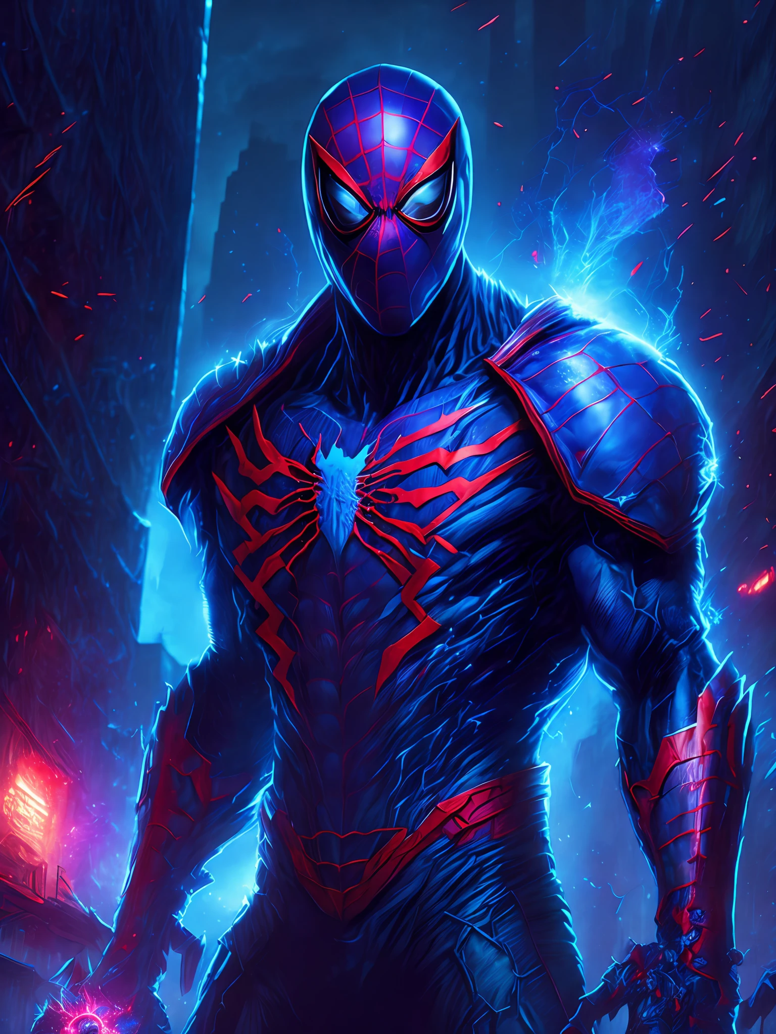gloomy portrait of Zombie Spider-Man 2099 from Marvel, extremely detailed, futuristic cityscape, nighttime, glowing neon lights, smoke, sparks, metal shavings, flying debris, blue energy effects, volumetric light