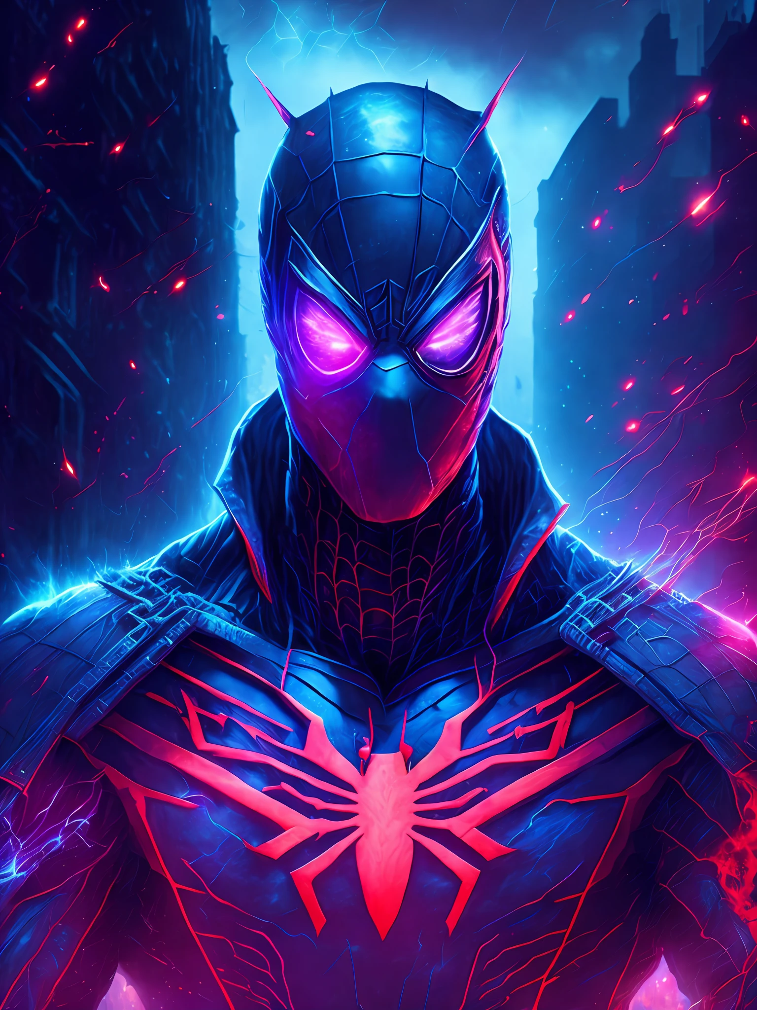 gloomy portrait of Zombie Spider-Man 2099 from Marvel, extremely detailed, futuristic cityscape, nighttime, glowing neon lights, smoke, sparks, metal shavings, flying debris, blue energy effects, volumetric light