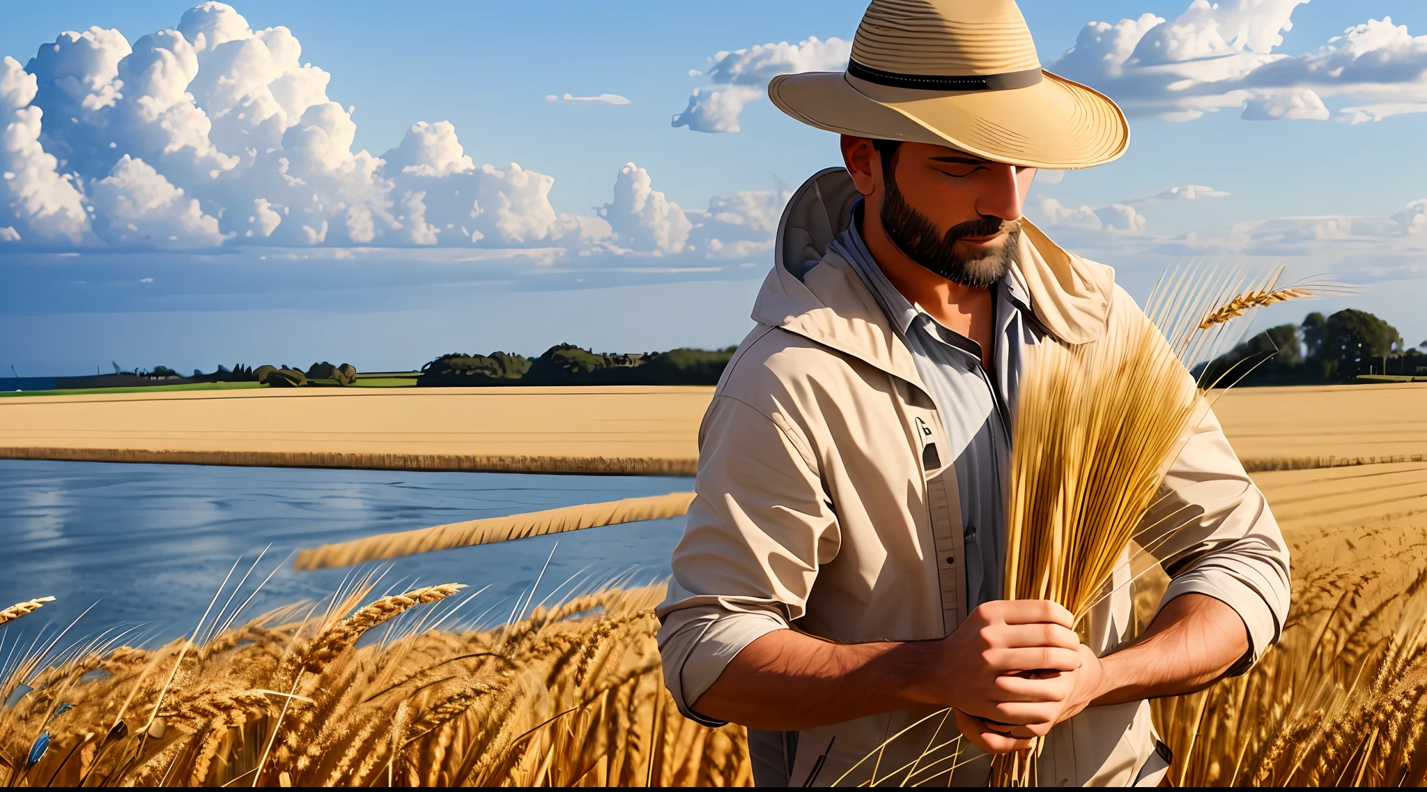 A person harvesting wheat in his field near the beach
