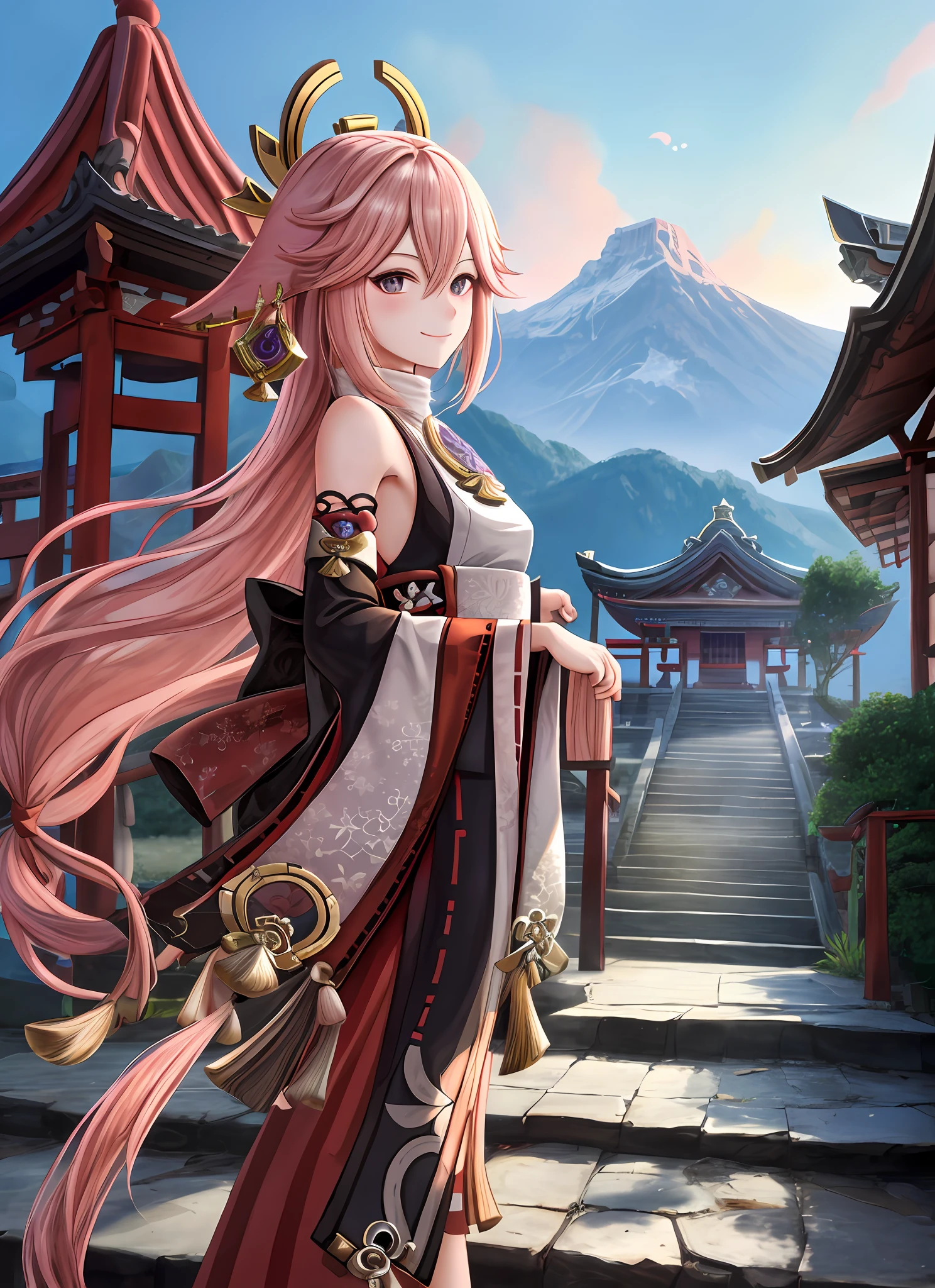 yaemikodef, upper body, smile, blush, outdoors, day, simple background, blue sky, short hair, sky, temple, looking at viewer, stairs, mountain, moody lighting, facing viewer,