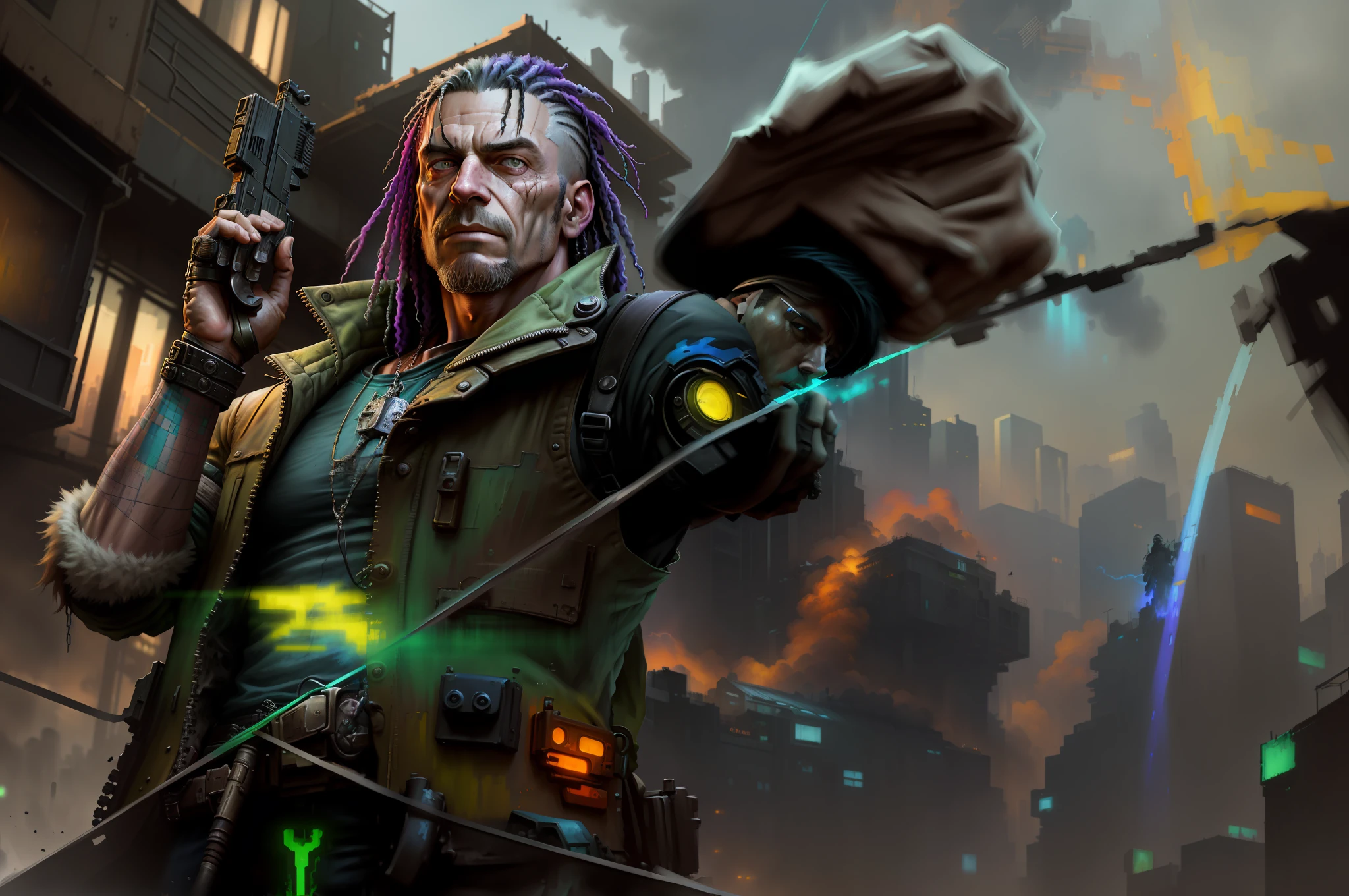 (masterpiece) highly detailed RAW, a post-apocalyptic man, cyberpunk city themed rainbow vivid, hassanfantasy style, by Jeremy Mann and Donato Giancola ultra realistic highly detailed intricate photorealistic