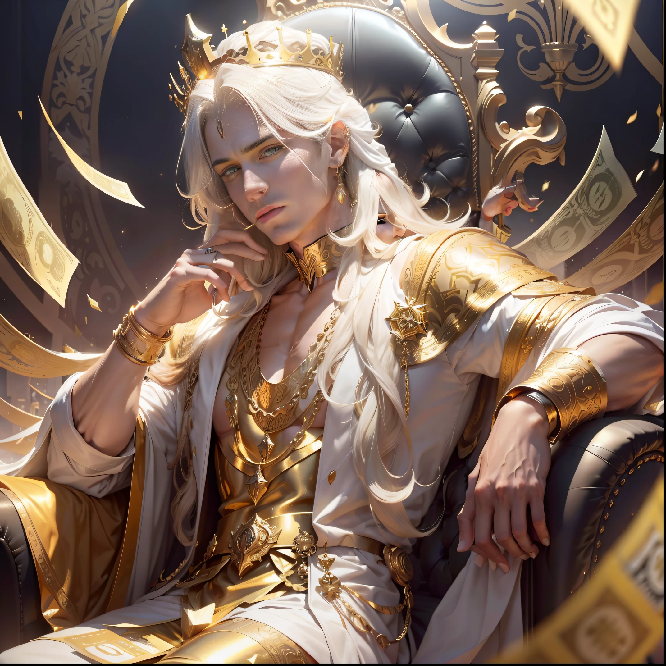 A Midas, King of Phrygia, sitting in a stylish pose on a white throne, golden hair, gleaming crown, bright amber eyes, wealth all around him. Surrounded by floating dollar bills, cascade of money. Background is black, further highlighting the brightness and opulence of the scene.