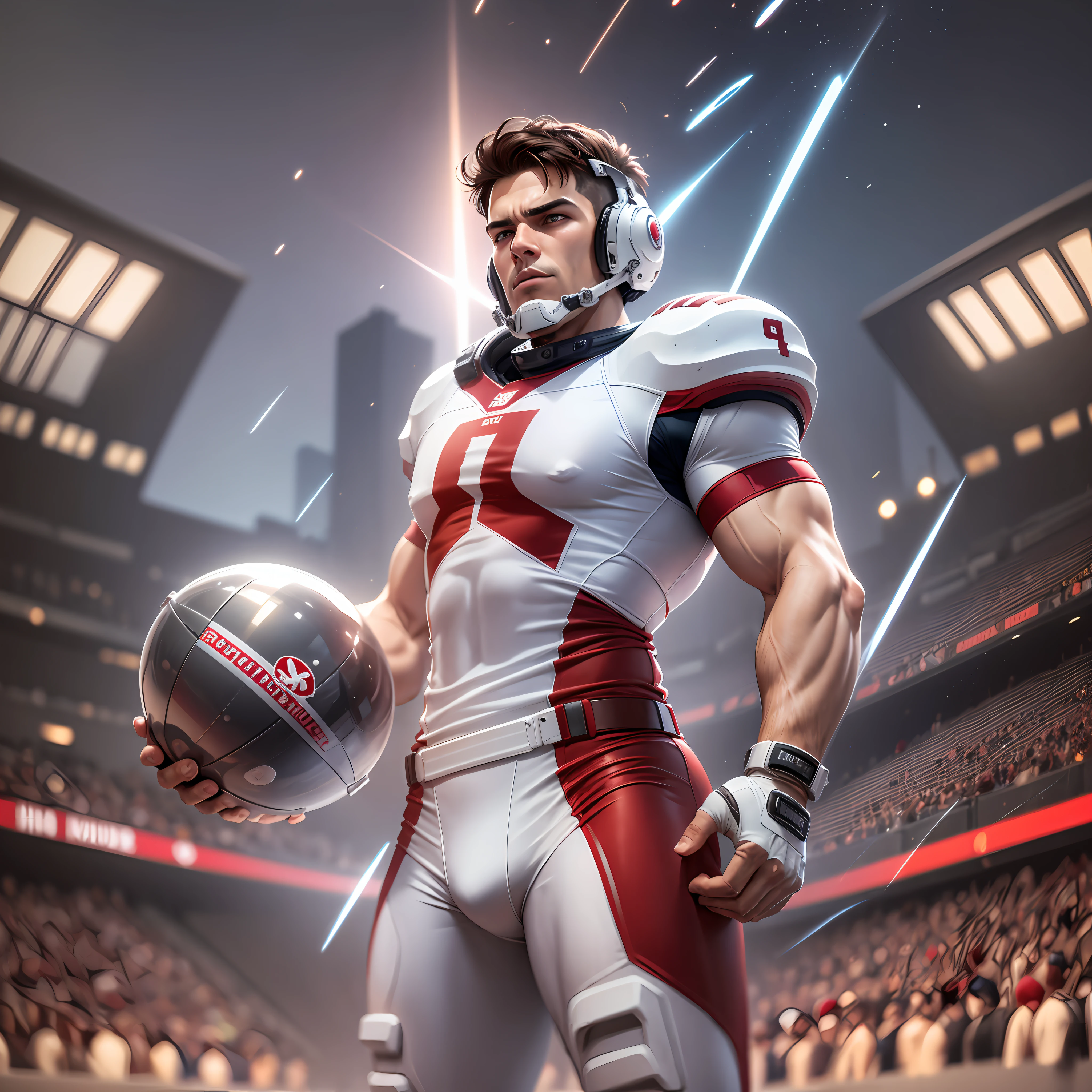 man in red uniform, white ethnicity, latin man, medium height, light brown hair, 30s, fit, NO HELMET, American football super bowl concept, male football players, full body speed, emotion, digital painting, space for type, god rays, cinematic lighting, motion blur, anaglyph, vignetting, UHD, high details, HD, high quality, anatomically correct, award winning, best quality --auto --s2