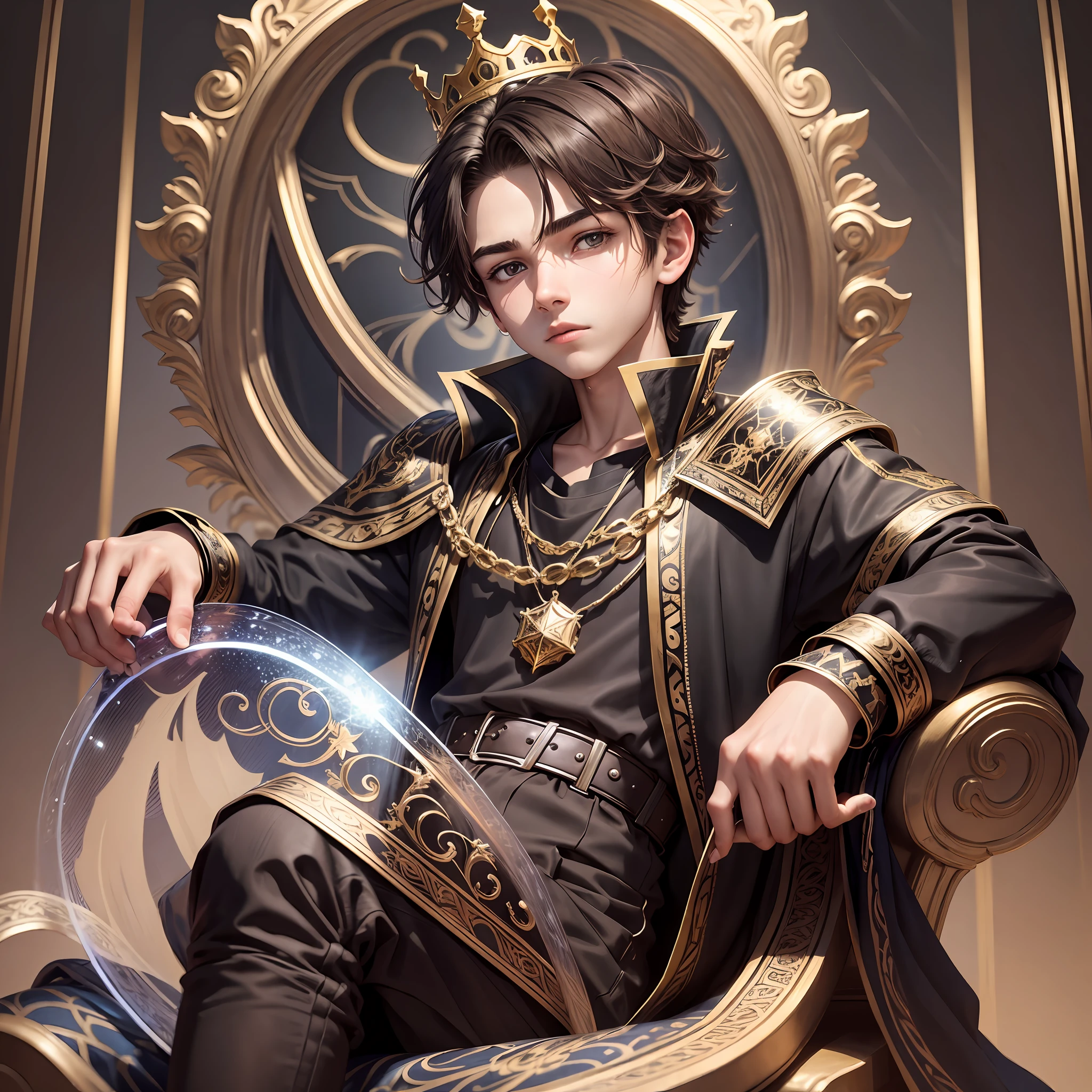 ******* boy with ******** sitting on a throne with a crown the boy has straight brown hair combed to the side and on the side has a gradient cut brown eyes firm look and defined face, his clothes are basic black and his hair is very short combed to the side --auto --s2