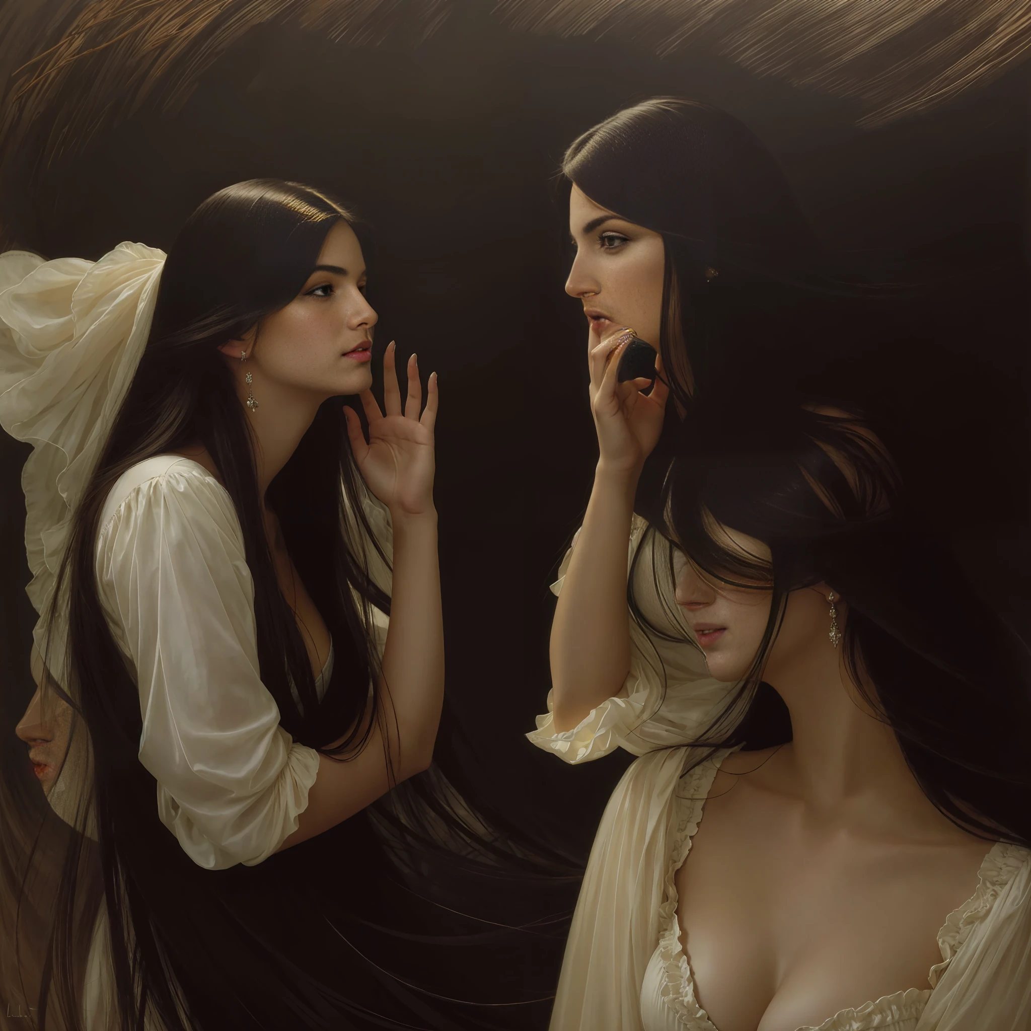 dusk, moody, gloomy, intimate close up portrait of a beautiful vampire princess, perfect shiny ivory skin, flushed, smoldering eyes, (perfect face), cleavage, shiny long black hair, frills, (Albert Lynch), J. C. Leyendecker, Ruan Jia, Gaston Bussiere, Alexandre Cabanel, WLOP, best quality