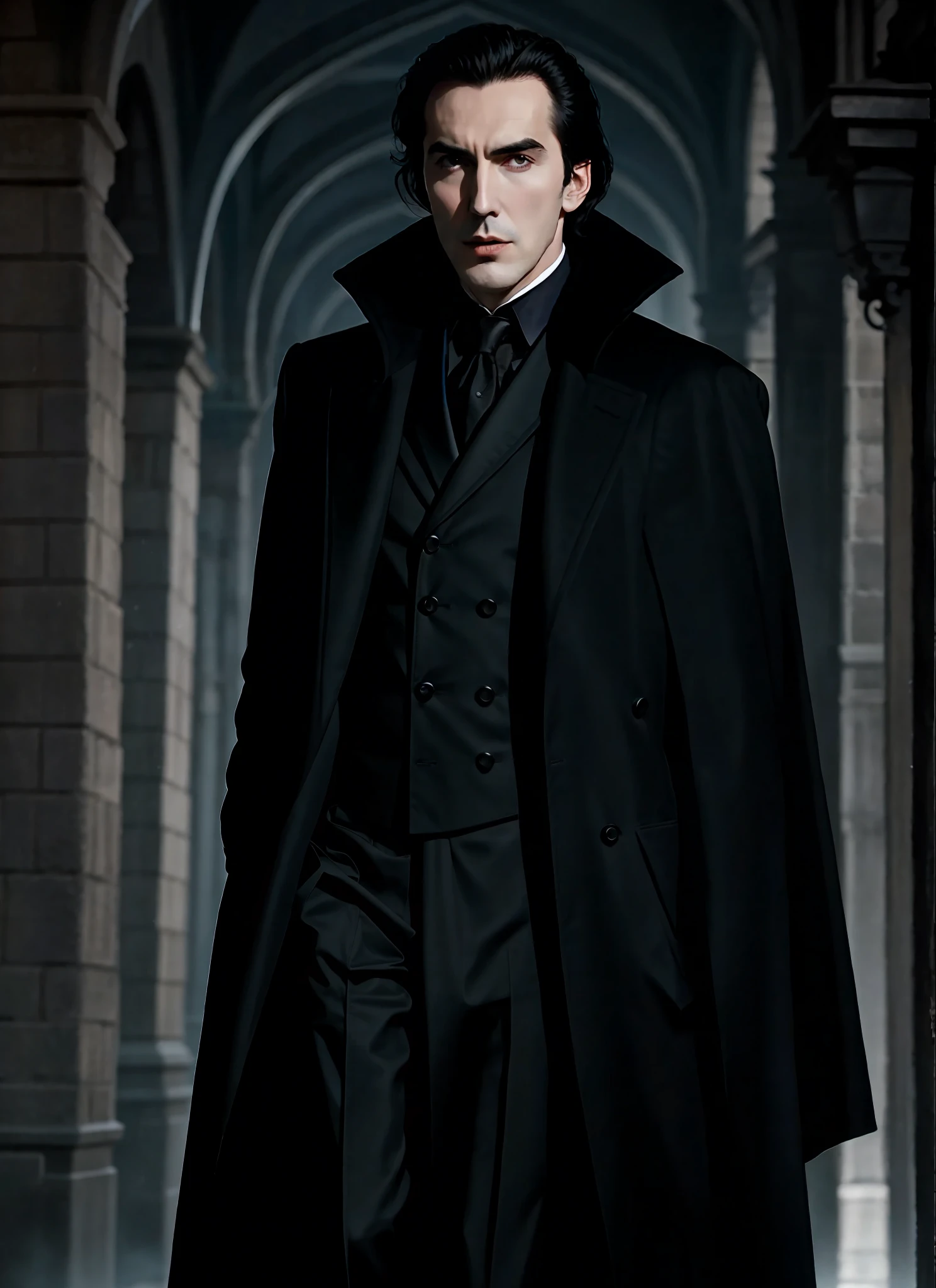 A handsome vampire resembling a young Christopher Lee in modern times with short dark hair combed back into a widow's peak and wearing a long black coat, modern nocturnal setting