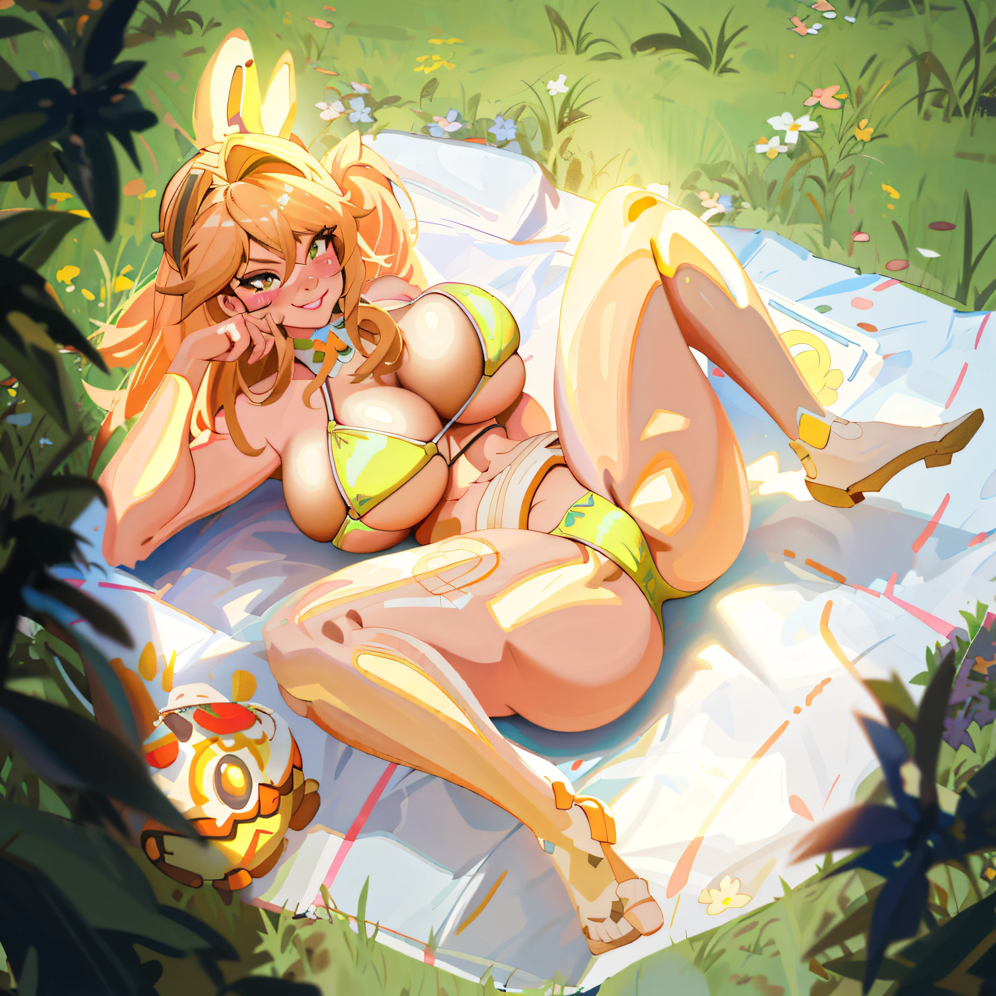 there is a woman laying on a blanket in the grass, commission for high res, lovely brigitte from overwatch, realistic bikini, sunbathing. illustration, a human-like juicy peach, relaxing concept art, goddess of summer, pinup art, giantess art, oc commission, lola bunny fanart, cutesexyrobutts, background artwork, brigitte from overwatch