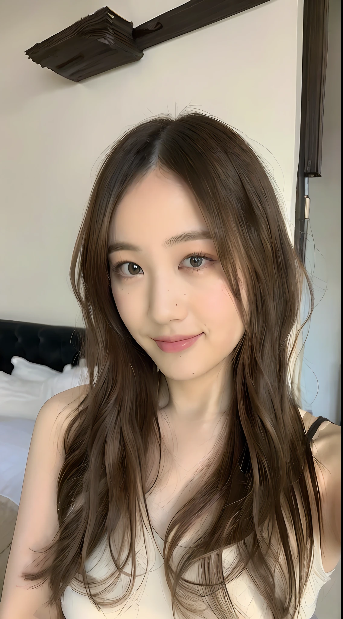 ((Best quality, 8k, Masterpiece :1.3)), 1girl, beautiful woman with emphasis on plump abs: 1.3, full body, (long hair, big breasts: 1.2), oversized tank top: 1.2, ultra-delicate face, delicate eyes, double eyelids, smile, home, random color clothes