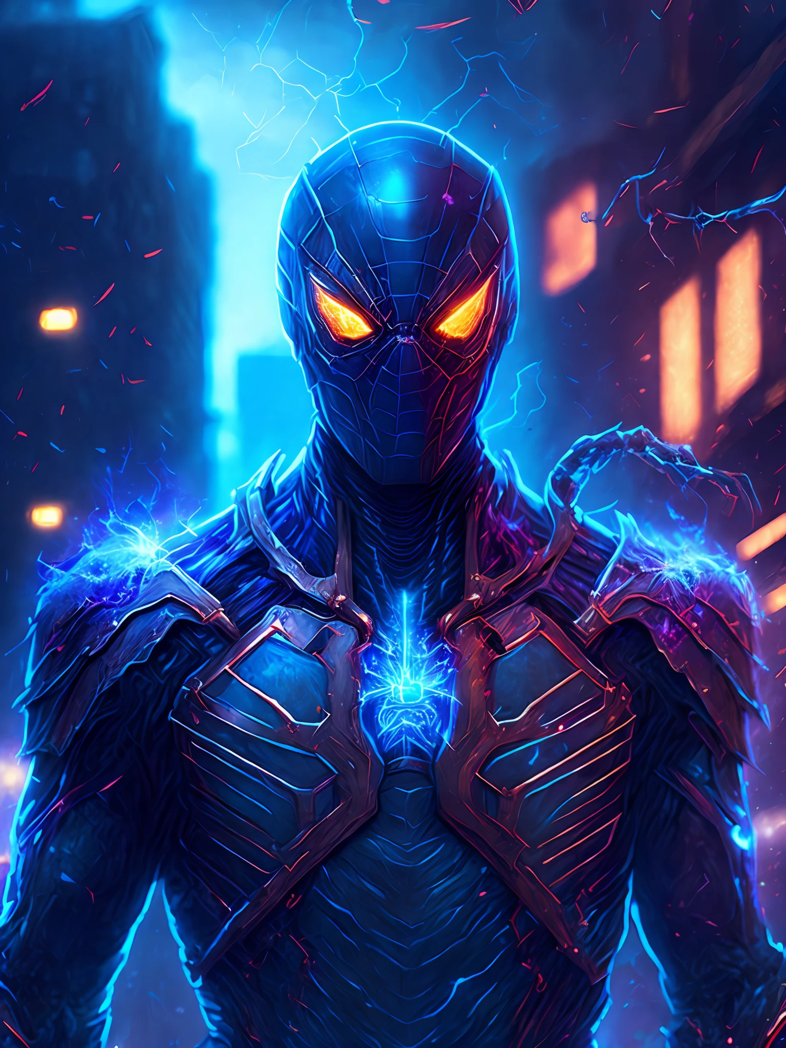 gloomy portrait of Zombie Iron Spider from Marvel, extremely detailed, futuristic cityscape, nighttime, glowing neon lights, smoke, sparks, metal shavings, flying debris, blue energy effects, volumetric light