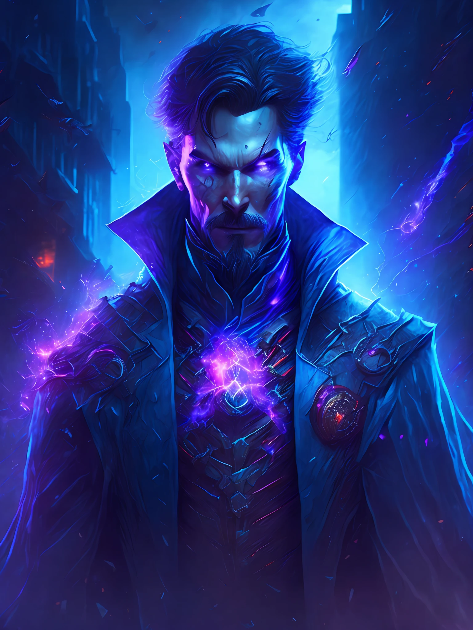 gloomy portrait of Zombie Doctor Strange from Marvel, extremely detailed, futuristic cityscape, nighttime, glowing neon lights, smoke, sparks, metal shavings, flying debris, blue energy effects, volumetric light