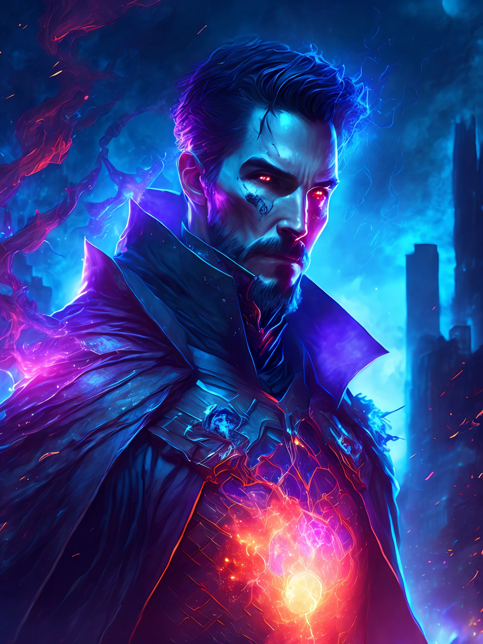 gloomy portrait of Zombie Doctor Strange from Marvel, extremely detailed, futuristic cityscape, nighttime, glowing neon lights, smoke, sparks, metal shavings, flying debris, blue energy effects, volumetric light