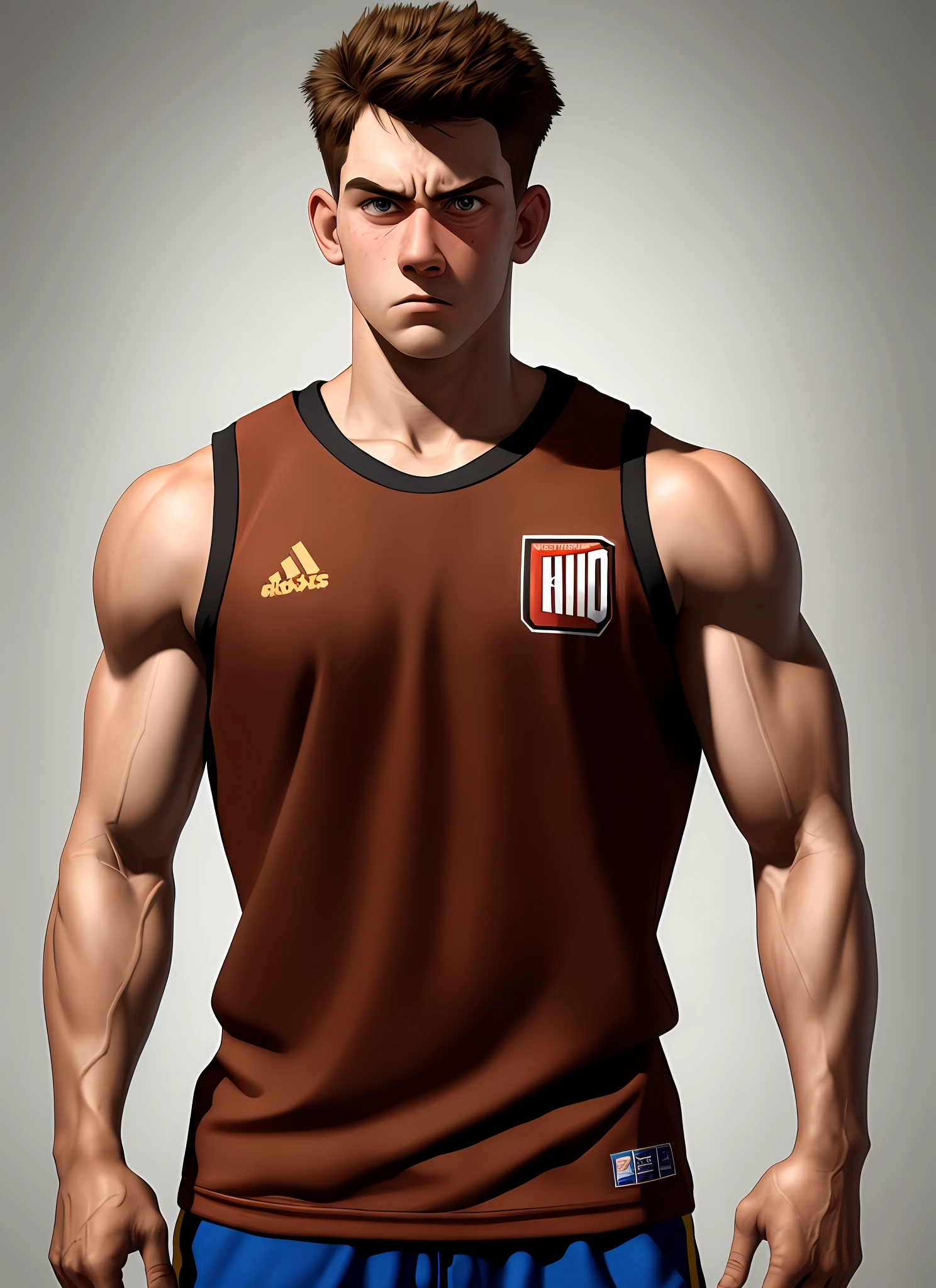 pixar style a portrait of a school bully, overwaight strong boy, short tanntered brown hair, basketball tanktop, sad face, skin texture, 4k textures, hdr, intricate, highly detailed, sharp focus, cinematic look, hyperdetailed