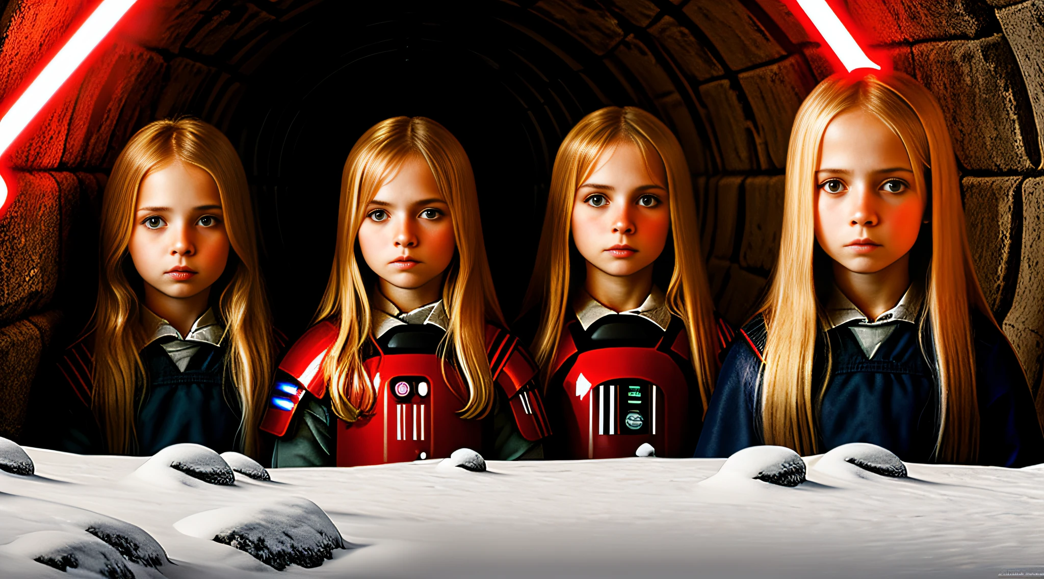 4 GIRLS Russian children with 20 years WITH LONG STRAIGHT BLONDE HAIR, PORTRAIT STYLE, , CLOSEUP standing in a tunnel with a red lightsaber, 4K lightsaber wallpaper, digital art