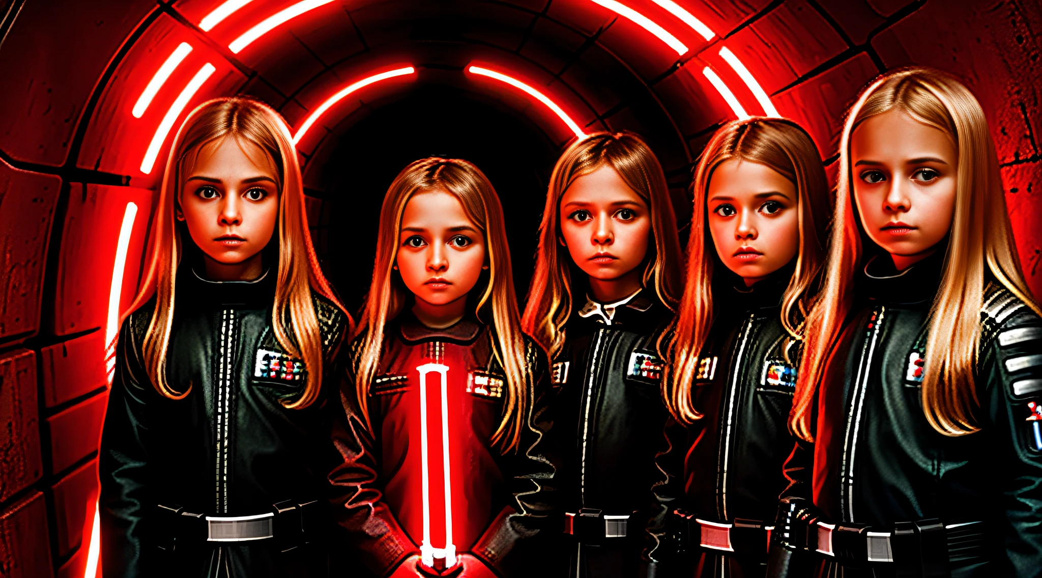 4 GIRLS Russian children with 20 years WITH LONG STRAIGHT BLONDE HAIR, PORTRAIT STYLE, , CLOSEUP standing in a tunnel with a red lightsaber, 4K lightsaber wallpaper, digital art