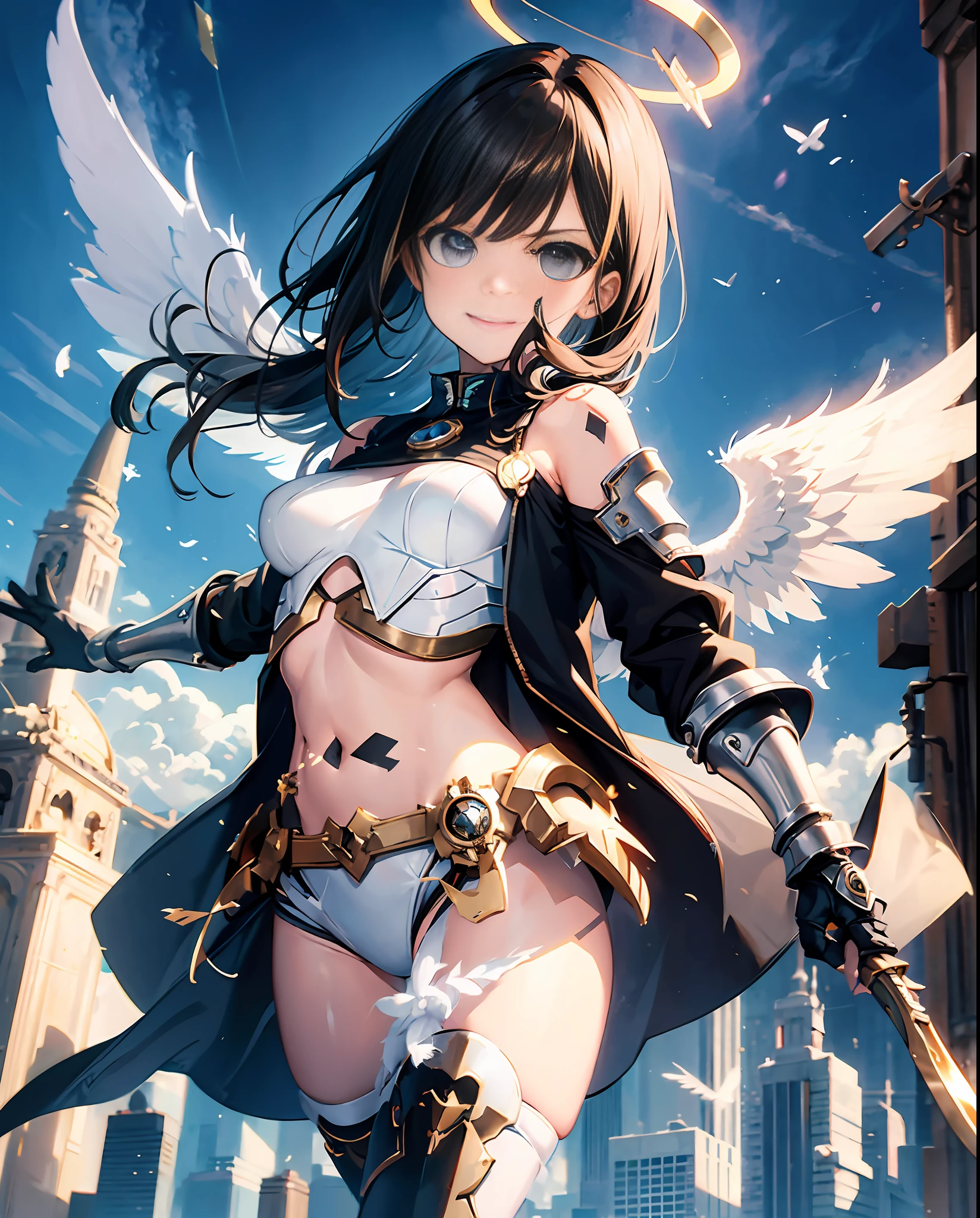 fantasy, 1angel_girl, loli,brown_hair, medium_bob_hair, long_bangs, halo,bare_shoulder, thighhighs,silver_armor, waist_armor, medium_breasts,angry,smile,teeth, 1pair_wings, dynamic_ pose_flying,floating, bare_crotch, headgear,gauntlet, greaves,city_sky_background,slightly_spread_legs, solo, groin_naked