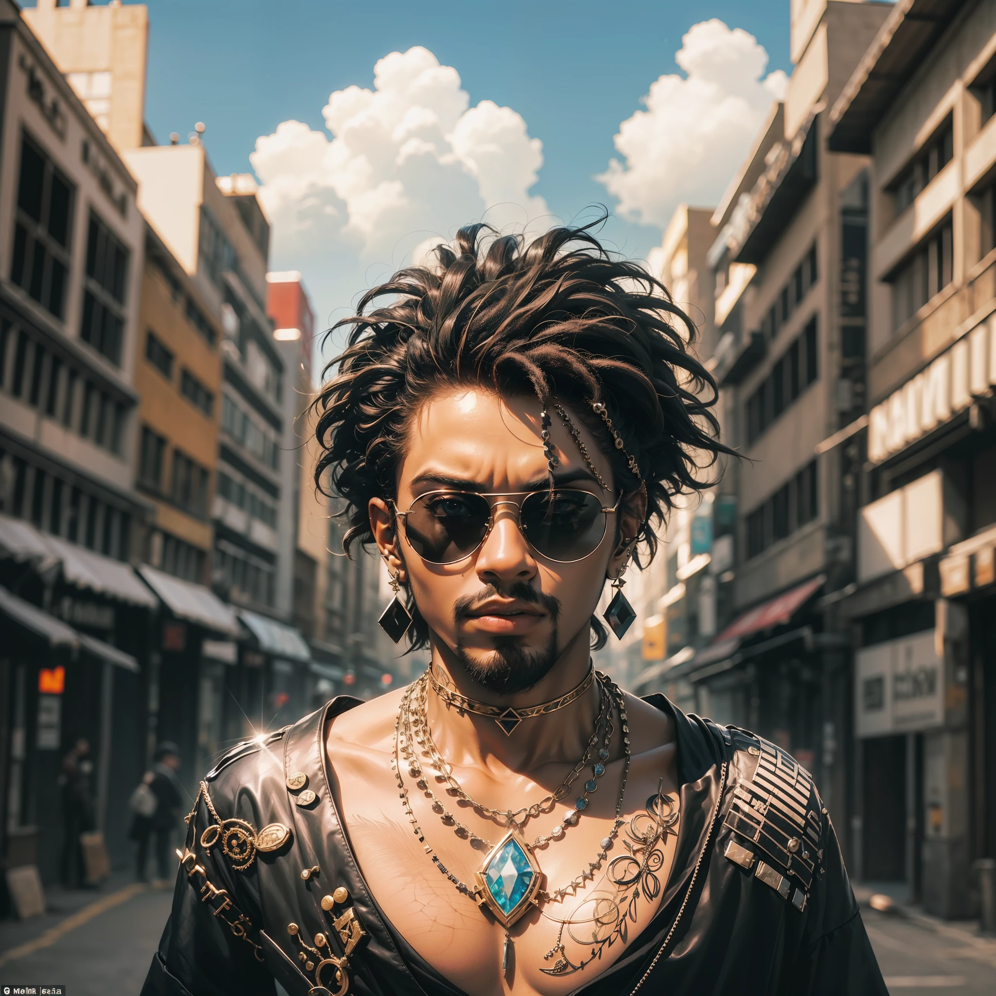 ((realista: 1.5)),((melhor qualidade)), ((obra-prima)),(detalhado)), Man, black, blackpower, charismatic, full of jewelry like earrings, piercings and sunglasses, stylish tunic.