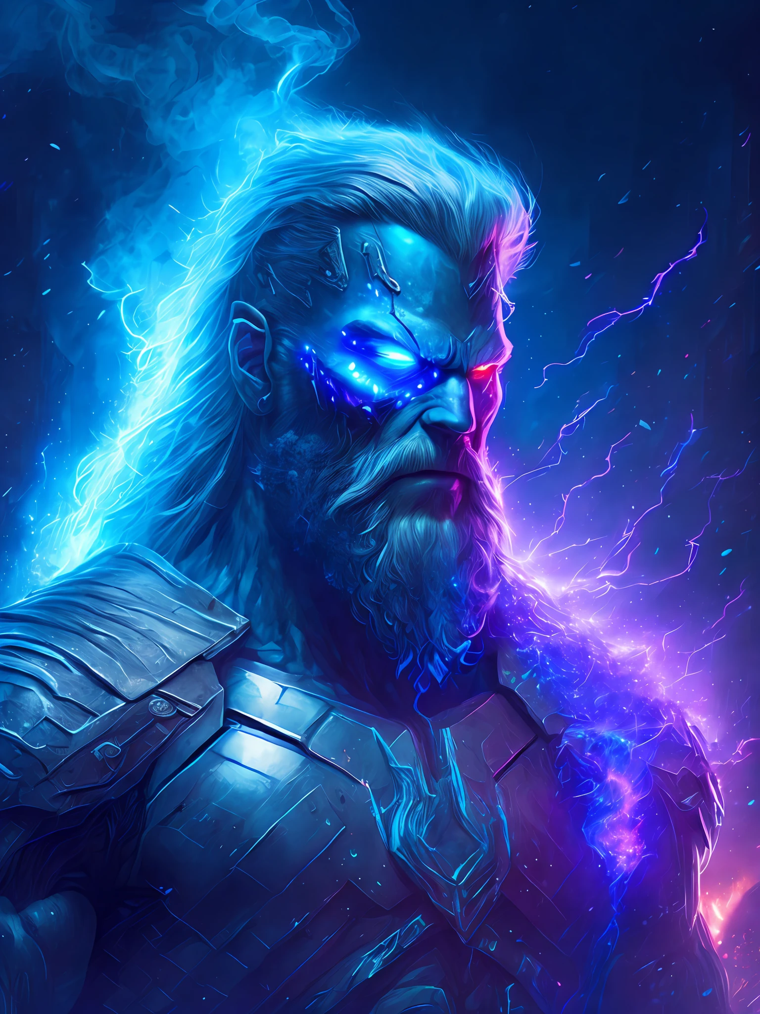 gloomy portrait of Zombie Thor from Marvel, extremely detailed, futuristic cityscape, nighttime, glowing neon lights, smoke, sparks, metal shavings, flying debris, blue energy effects, volumetric light